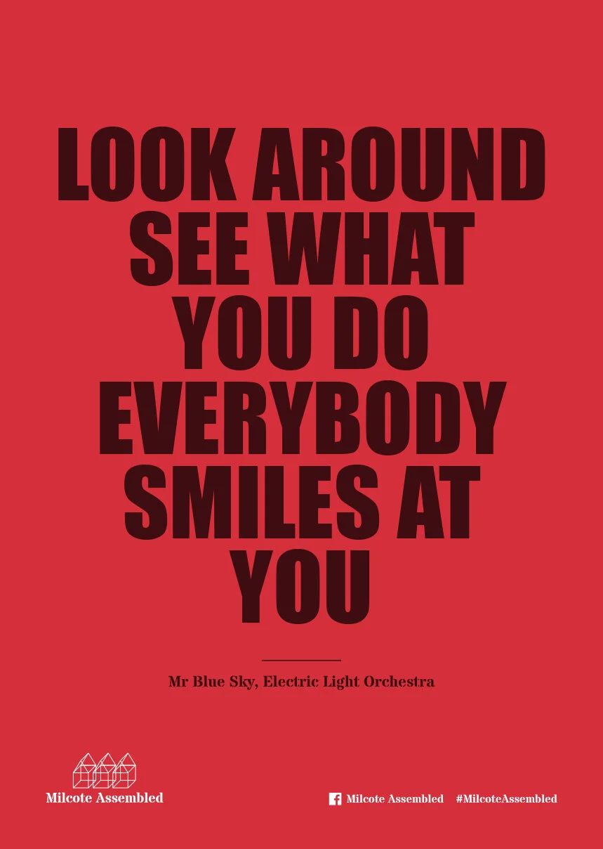 Red background with bold black text that reads, "Look Around See What You Do Everybody Smiles At You." Small text at the bottom credits Mr. Blue Sky, Electric Light Orchestra, and social media handles.