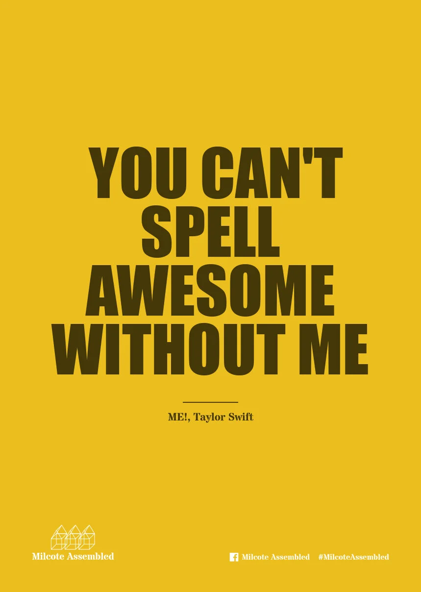 Quote on yellow background that says, 'You can't spell awesome without me,' attributed to Taylor Swift.