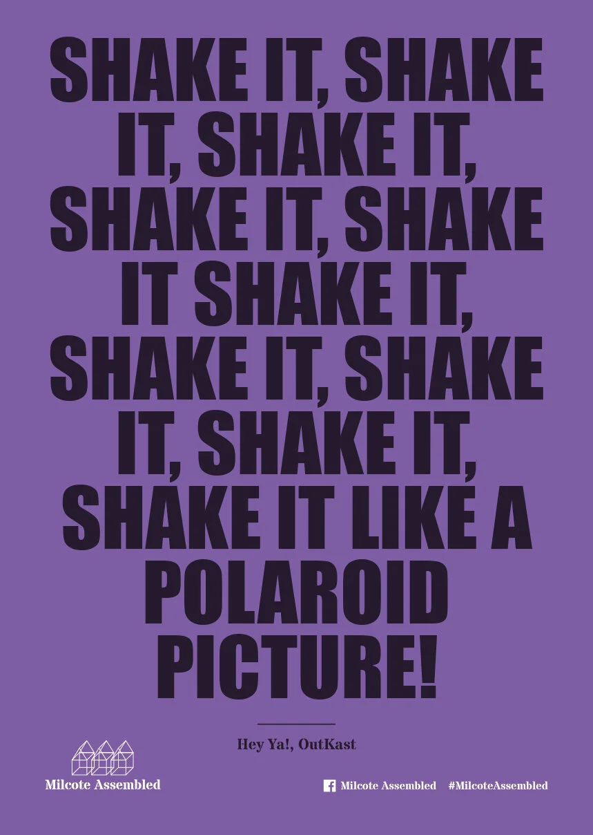 Purple poster with bold black text repeating the phrase "SHAKE IT, SHAKE IT" multiple times, ending with "SHAKE IT LIKE A POLAROID PICTURE!" at the bottom, along with small logos and social media information at the bottom.