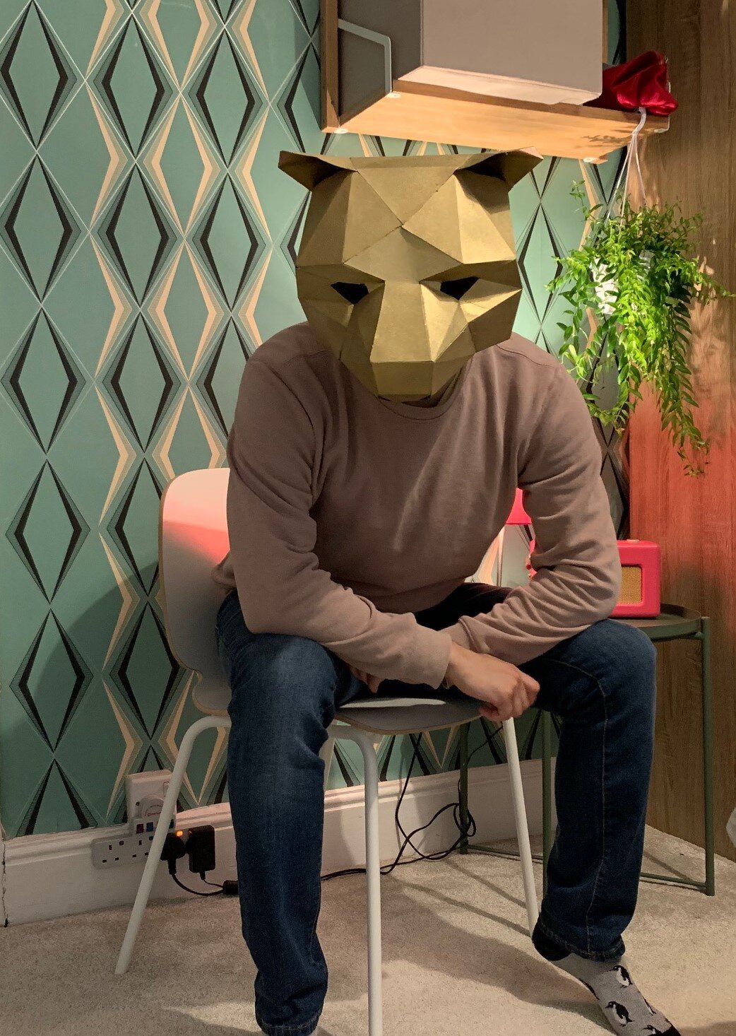 Person wearing a geometric animal mask, sitting on a chair in a room with patterned wallpaper, a potted plant, and a small table with a red object.