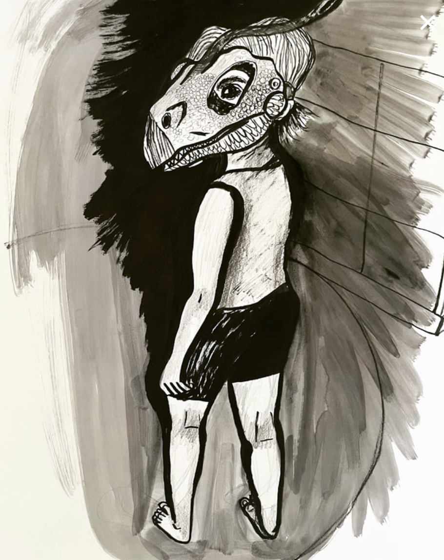   June in Velociraptor Mask , 18 x 24 in, ink and graphite on paper, 2023. 