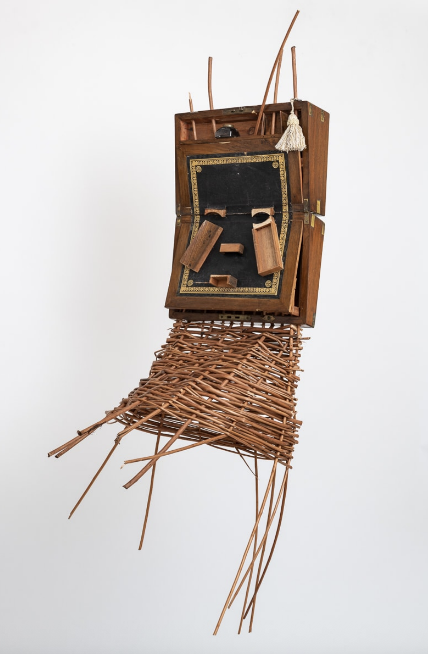 sonia e barrett, Desk number 6 , 2021 / Lockable Antique Portable Travel Desk / Mahogany, with embossed leather inlay, wicker, ink and key / 100 x 60 x 60 cm