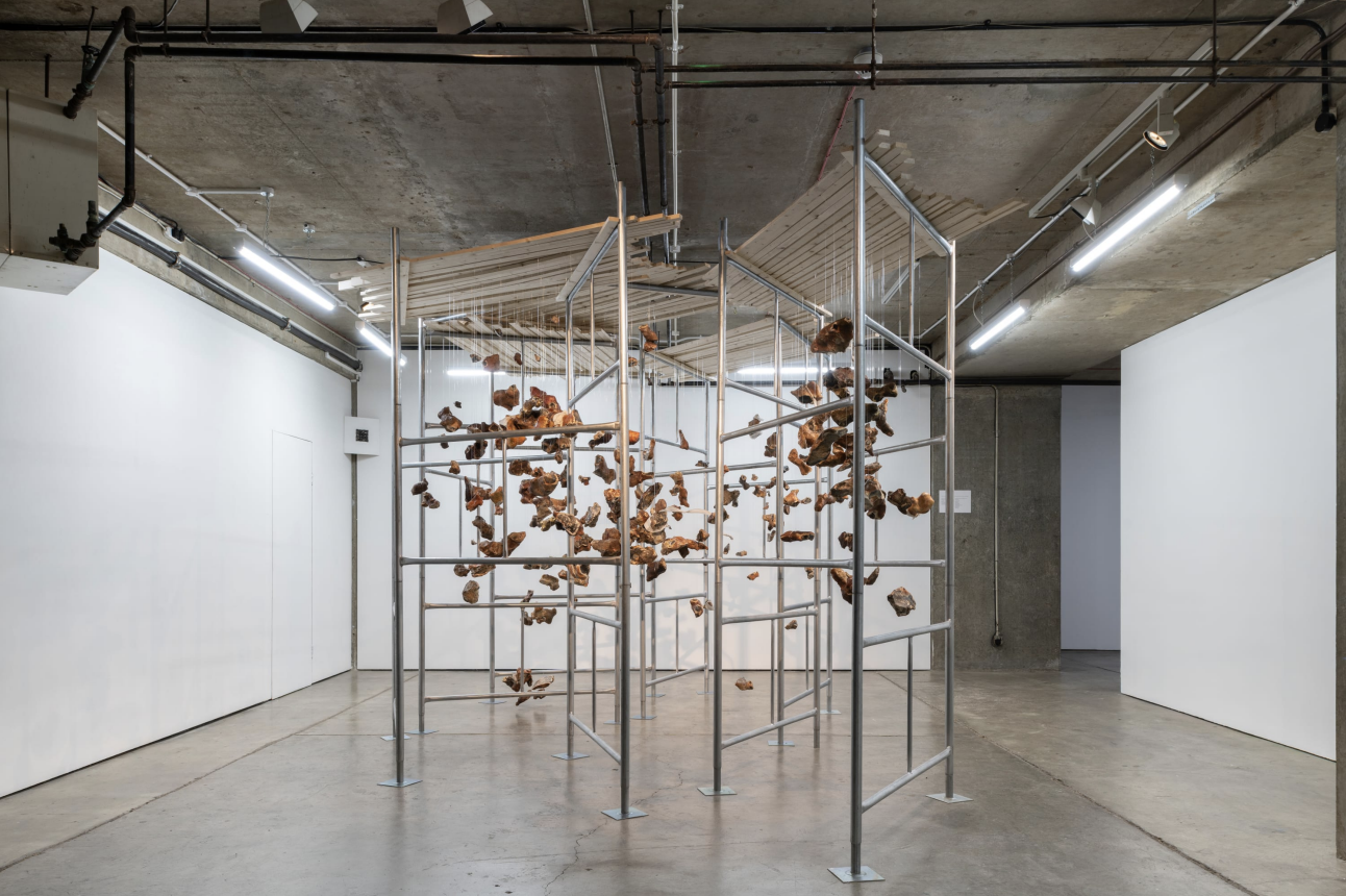 sonia e barrett / Here Tell, Quantum Black , 2019 / (Diaspora Pavilion), 2019 / flint, scafolding, birch