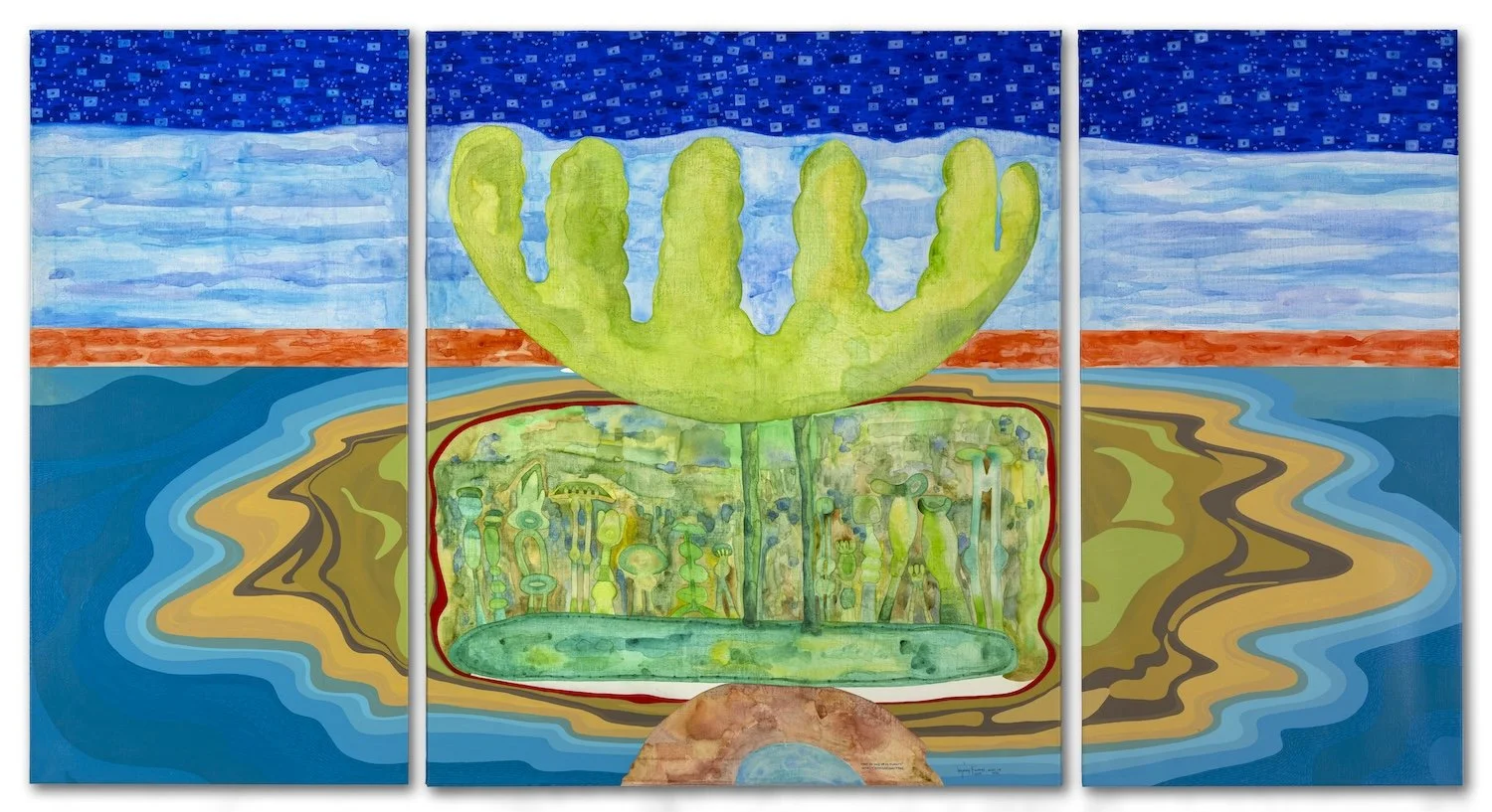   Hay un país en el mundo  / Serie: Tropicaribastral, 2024 / Triptych. 120 cm x 220 cm / Photo: Mariano Hernández     Medium:  Mixed media on canvas   Photo:  Mariano Hernández 