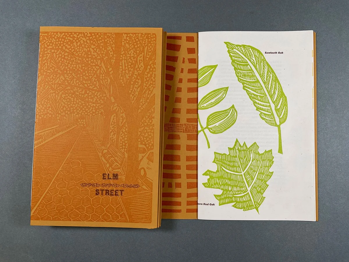  Sarah Nicholls,  Elm Street,  2021 /    Letterpress and Linocut on paper, edition of 300. 8.5” x 4.25" closed; 8.5" x 38" open 
