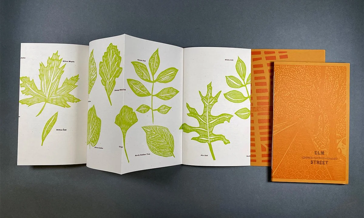  Sarah Nicholls,  Elm Street,  2021 /    Letterpress and Linocut on paper, edition of 300. 8.5” x 4.25" closed; 8.5" x 38" open 