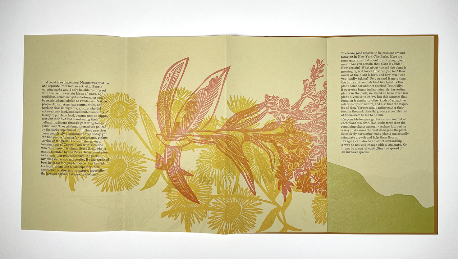  Sarah Nicholls,  Feral,  2023 / Letterpress and linocut on paper. Edition of 250. 9" x 5" closed; 9" x 19" open 