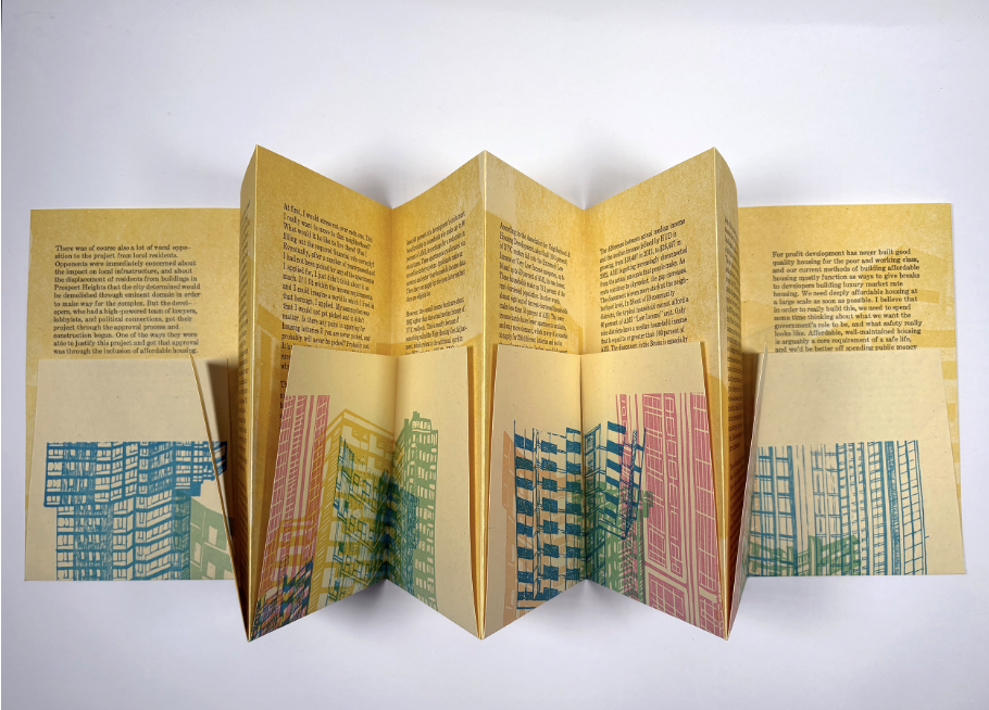  Sarah Nicholls,  Housing for Profit,  2025 / Letterpress, linocut and relief printing on paper, edition of 300. 8” x 4.75" closed; 12" x 35" open 