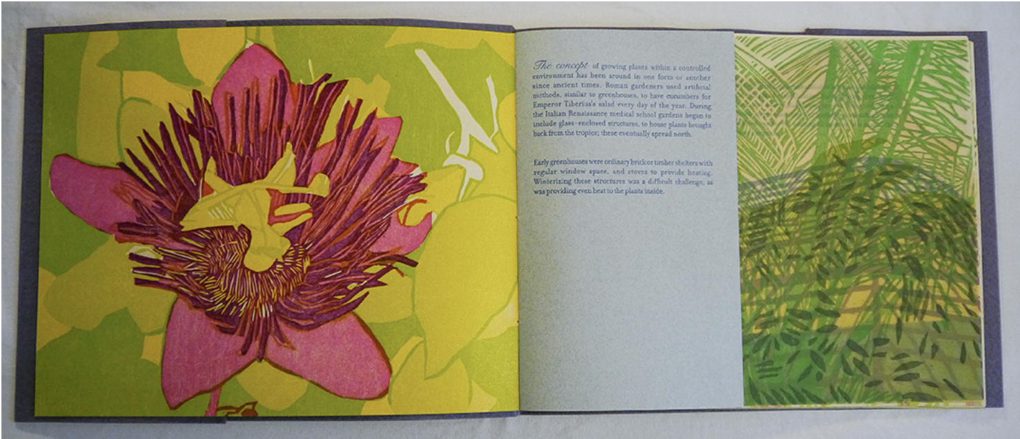  Sarah Nicholls,  Glasshouse , 2017 / Woodcut and letterpress on paper / Edition of 35. 9” x 10.5” closed. 9” x 21” open 