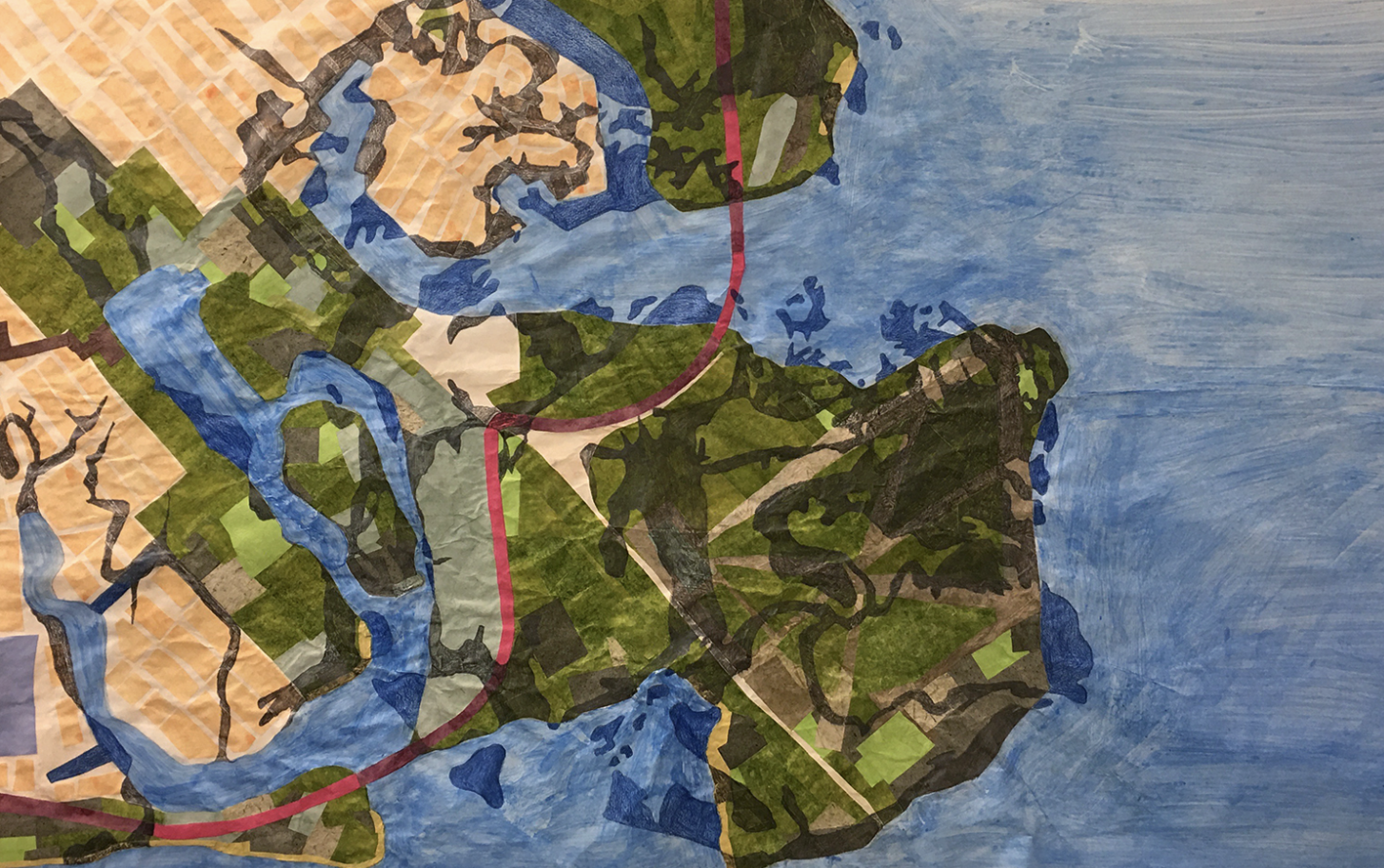  Sarah Nicholls,  Paths to the Shore (Coney Island),  2020 / Collaged handmade and machine-made papers, charcoal, colored pencil, ink, watercolor, methyl cellulose; 3’x6’ 