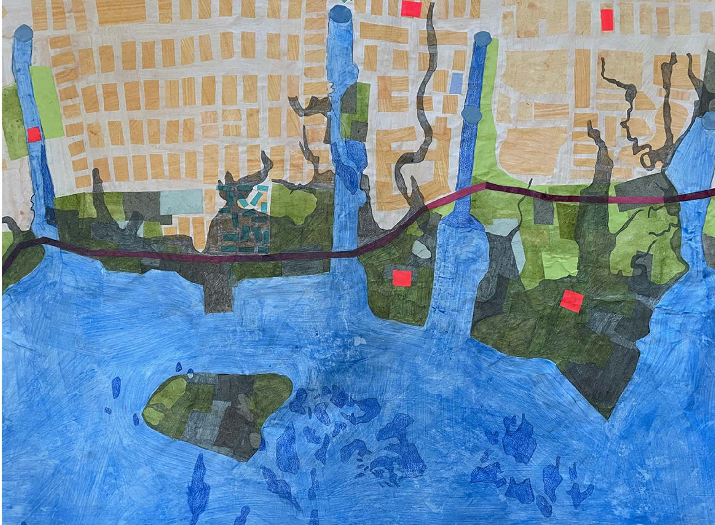  Sarah Nicholls,  Paths to the Shore (Coney Island),  2020 / Collaged handmade and machine-made papers, charcoal, colored pencil, ink, watercolor, methyl cellulose; 3’x6’ 