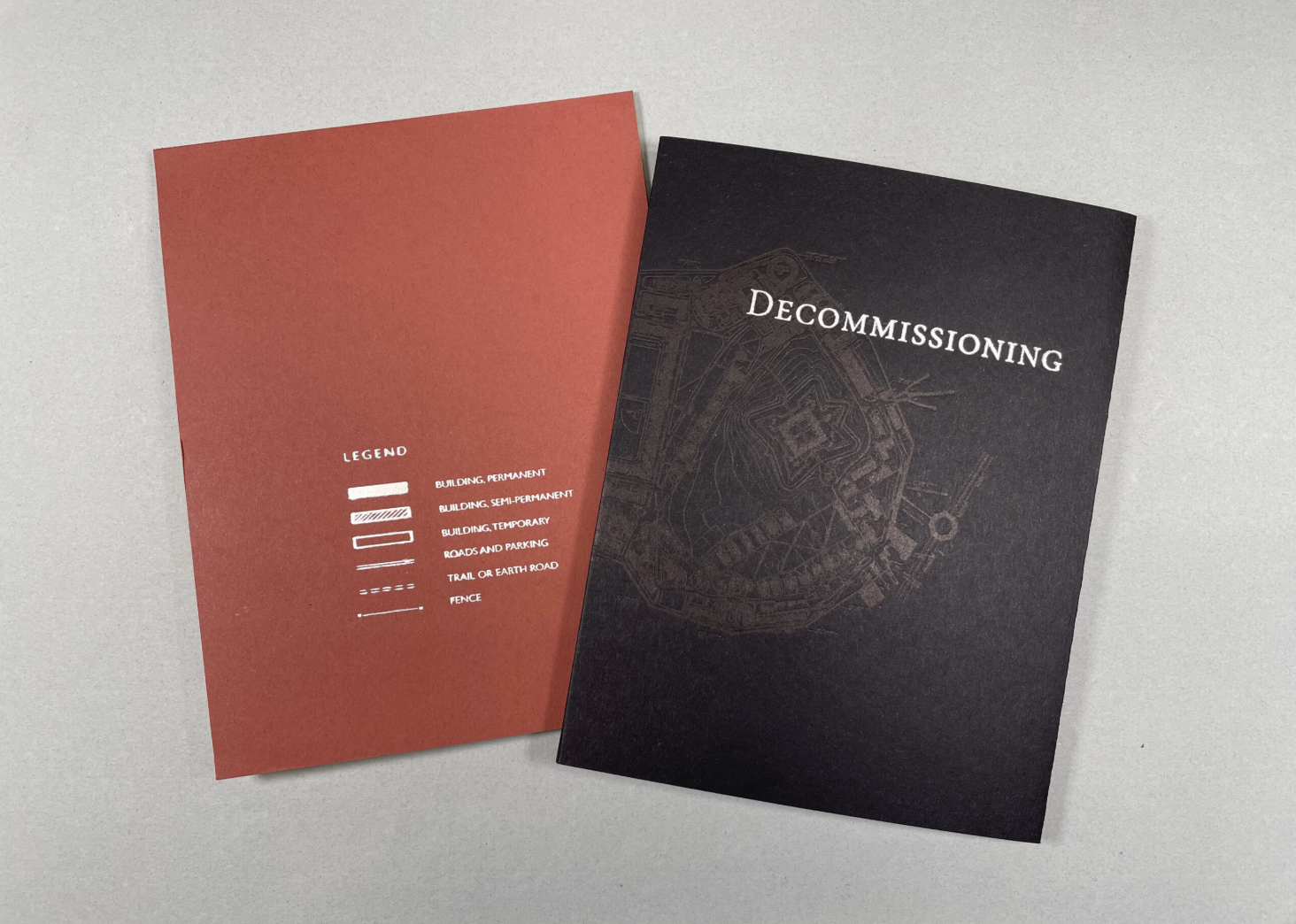  Sarah Nicholls,  Decommissioning,  2025 / letterpress, hot foil stamping, and riso on paper / Edition of 35. 7" x 5.25" closed; 7" x 11" open 