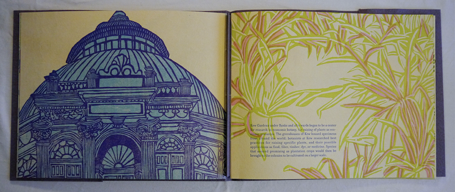  Sarah Nicholls,  Glasshouse , 2017 / woodcut and letterpress on paper / Edition of 35. 9” x 10.5” closed. 9” x 21”open. 