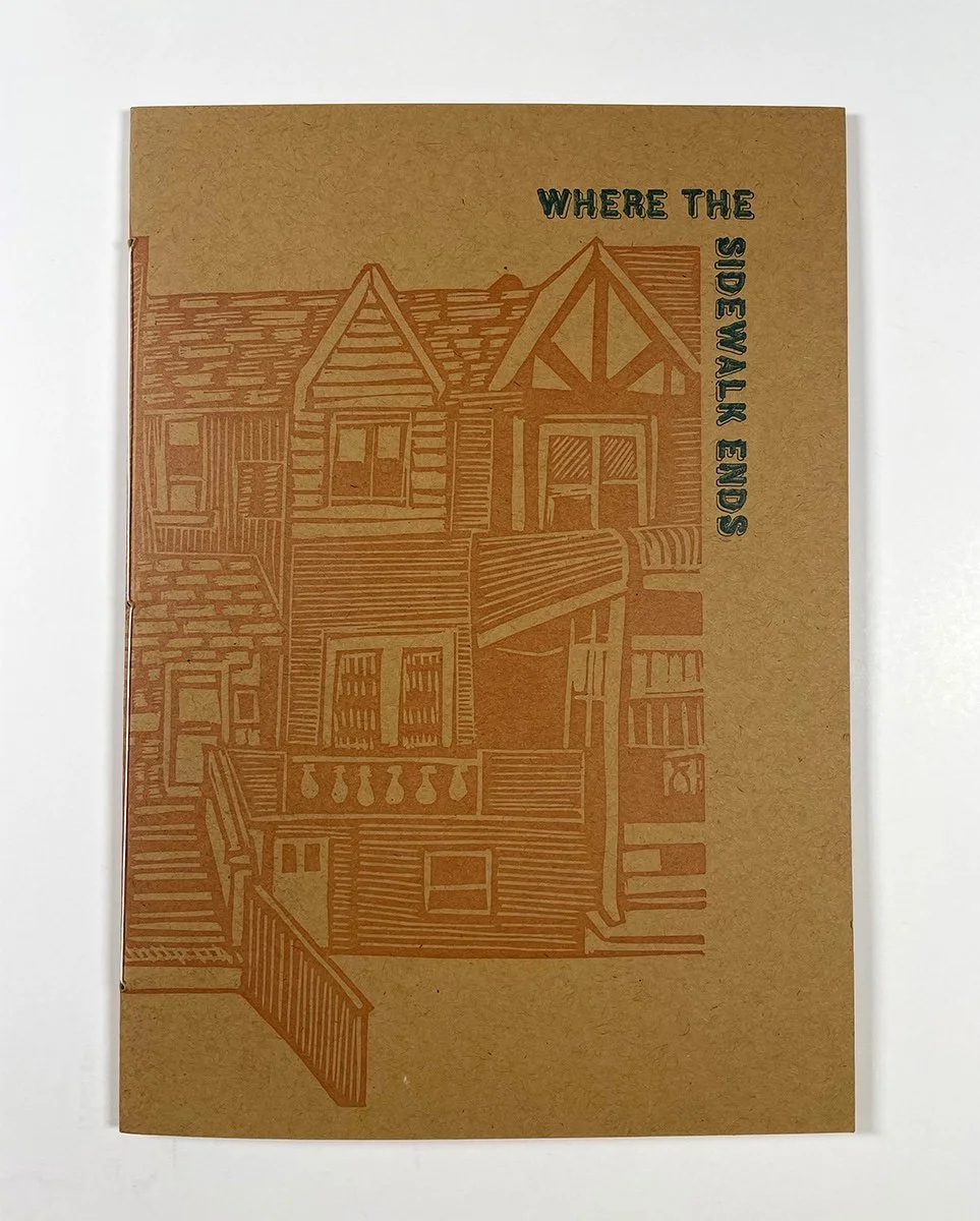  Sarah Nicholls,  Where the Sidewalk Ends,  2022 / Linocut and letterpress on  paper,  6" x 9" closed. edition of 300. 9" x 6" closed; 9" x 46" open 