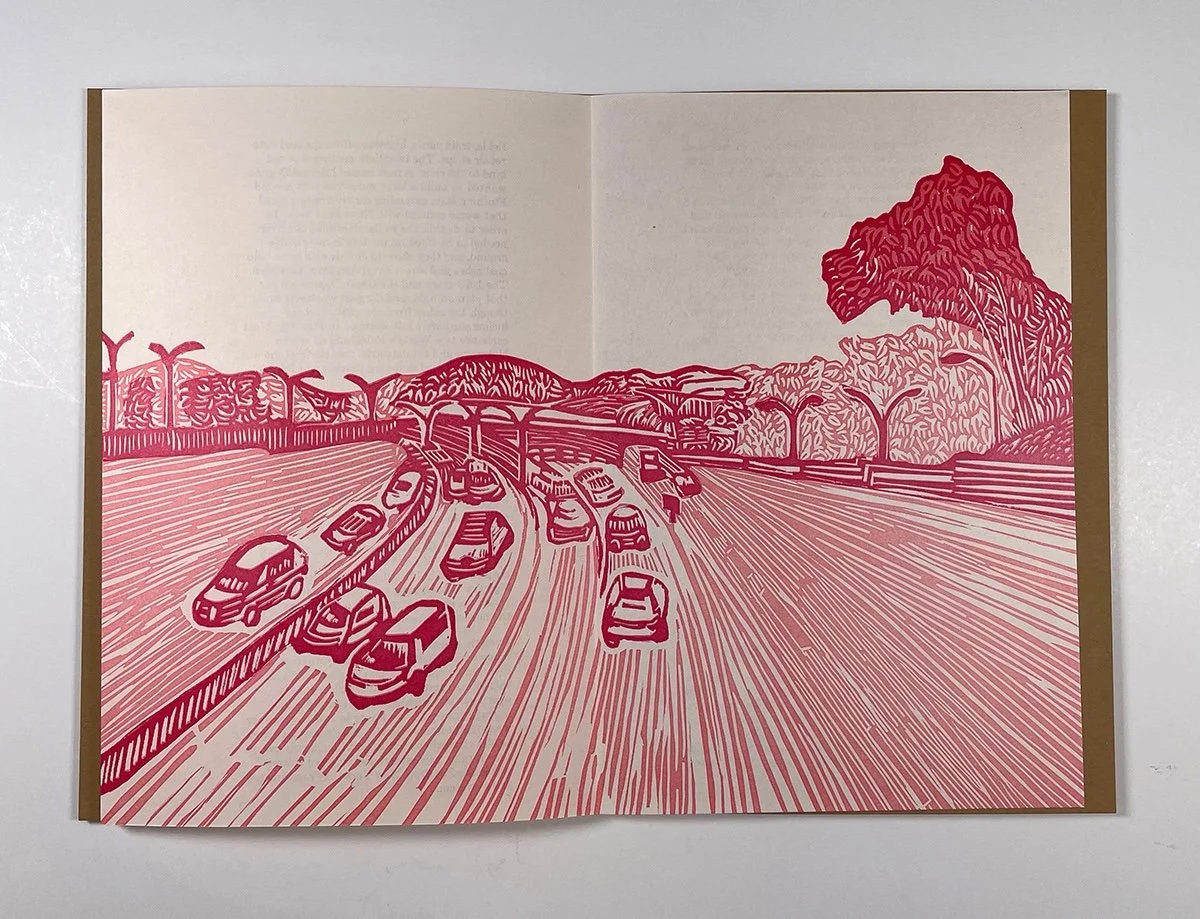  Sarah Nicholls,  Where the Sidewalk Ends,  2022 / Linocut and letterpress on  paper,  6" x 9" closed. edition of 300. 9" x 6" closed; 9" x 46" open 