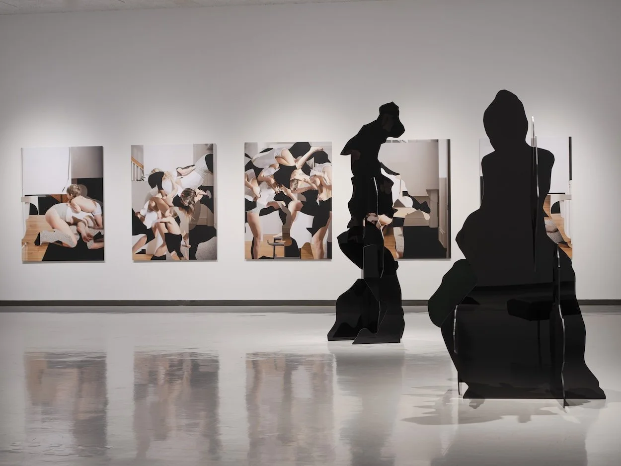   Domestic Frieze 01-05  (archival pigment prints mounted to Dibond) /  Holding Time  &amp;  Shape Shifter  (black acrylic sculptures in foreground), 2024 / Installation view   