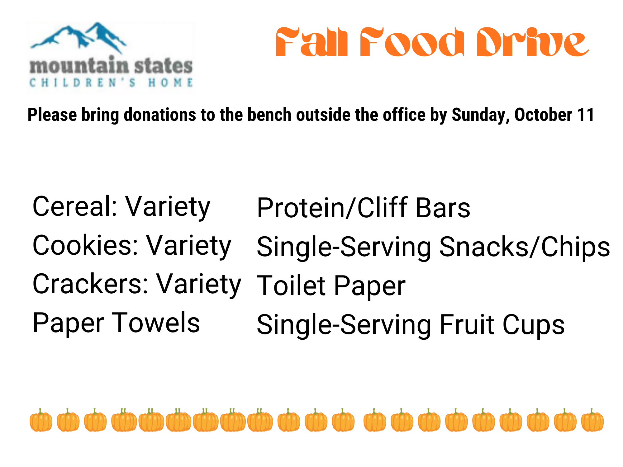 Valentine themed donation list for Mountain States Children's Home February food drive, requesting contributions of cereal, condiments, crackers, dryer sheets, juice, oil, paper towels, pickles, protein/granola bars, ranch dressing, and tea, to be dropped off by February 8.