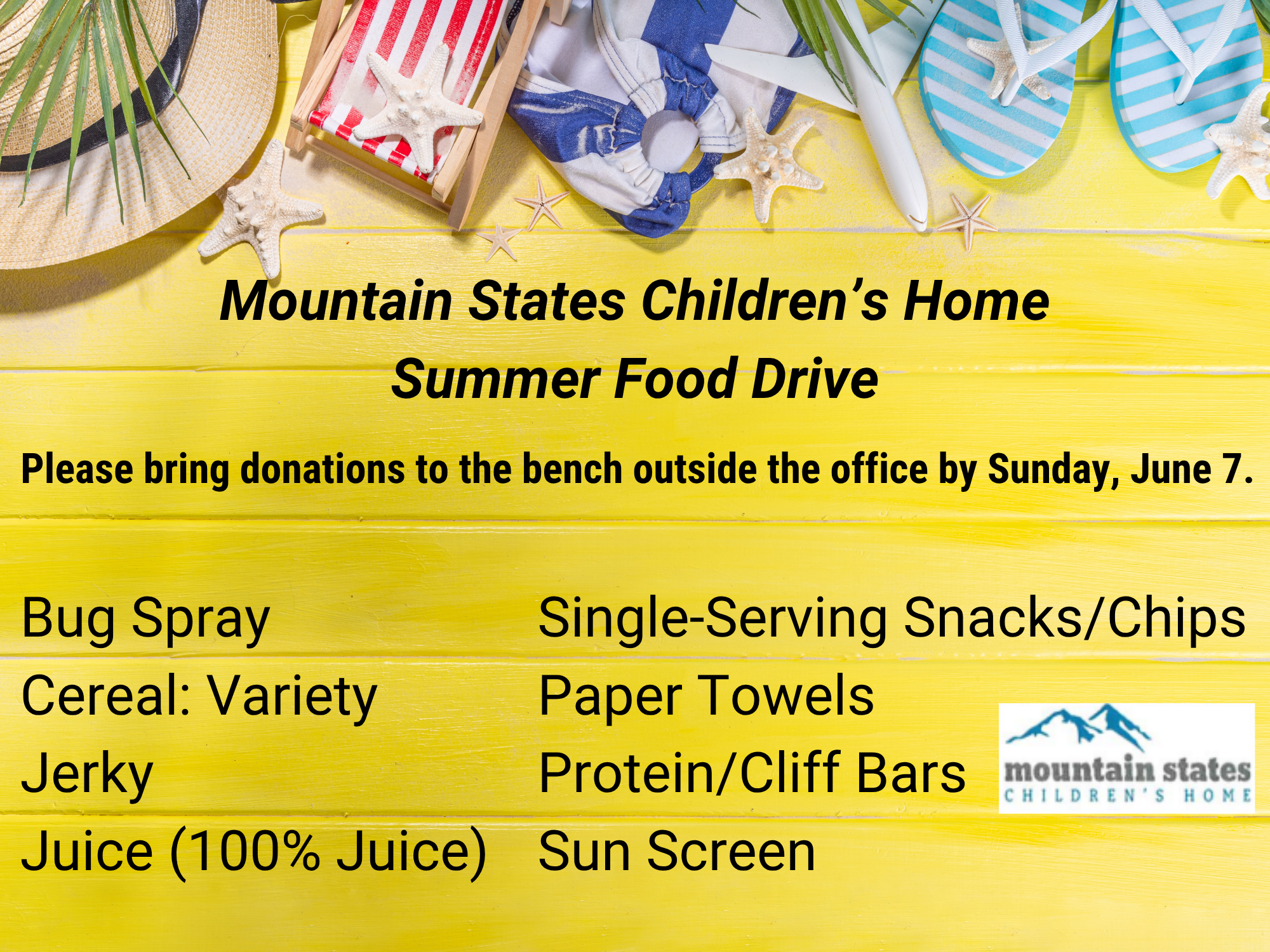 Valentine themed donation list for Mountain States Children's Home February food drive, requesting contributions of cereal, condiments, crackers, dryer sheets, juice, oil, paper towels, pickles, protein/granola bars, ranch dressing, and tea, to be dropped off by February 8.