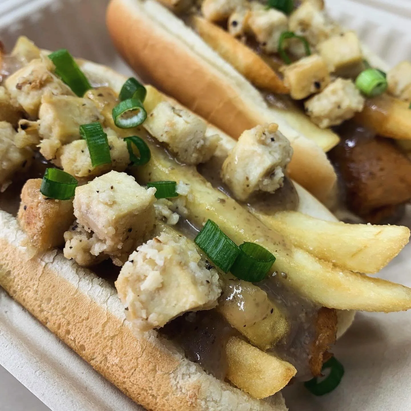 The Poutine Dog (&amp; Poutine Fries) is available for dinner @earnestbeer tonight from 4-8pm. Nothing warms you up like delicious gravy and fries. We also have a fresh batch of Chai Sugar Cookies &amp; PB Brownies. See y&rsquo;all soon!  #vegan #veg