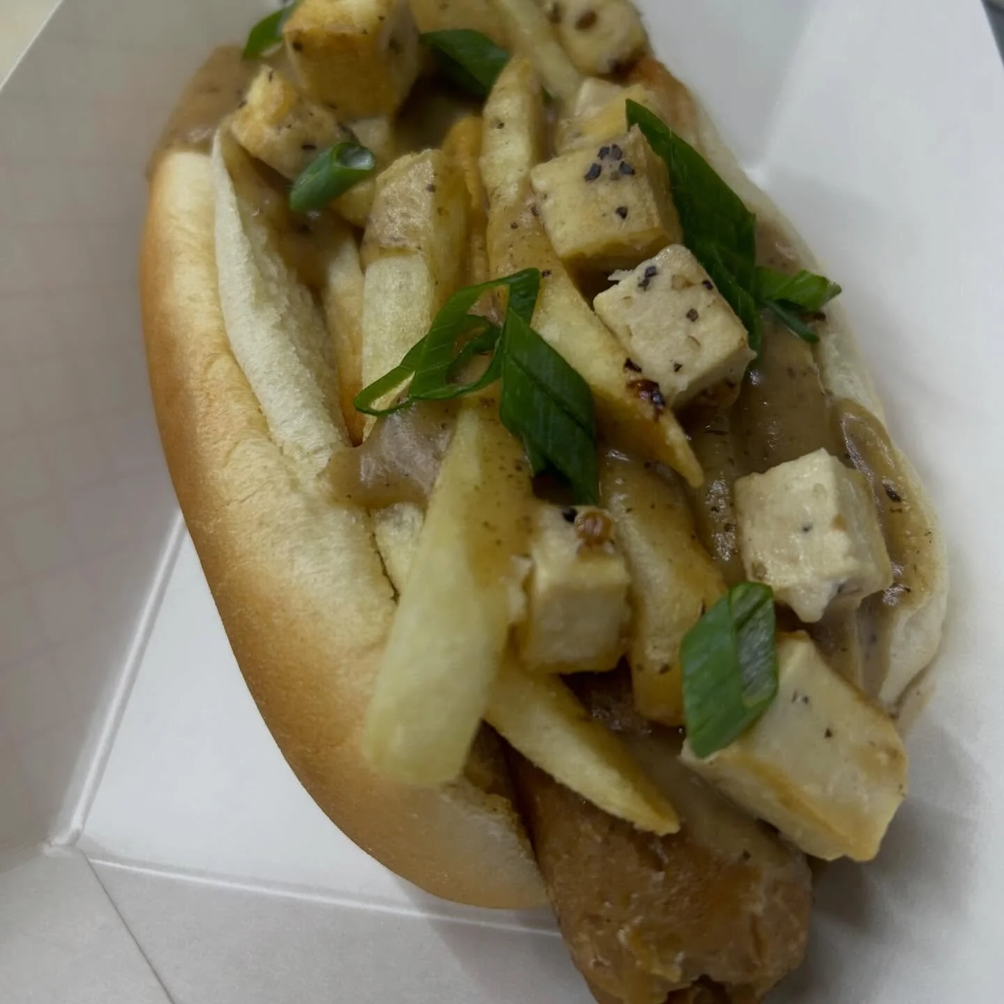 Hey Toledo! It&rsquo;s still cool outside so let&rsquo;s eat Poutine! Find us today @humaneohio from 11:30-2pm, we donate $1 back for every dog sold. Come try the Poutine dog or just fries, topped with mushroom gravy and chzy curds! #vegantoledo #pou