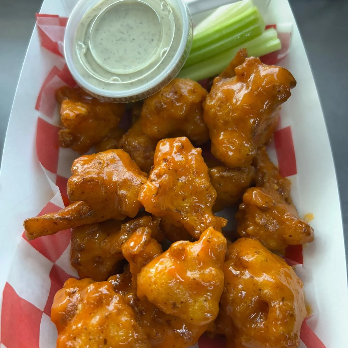 Find us today @humaneohio from 11:30-2pm, rain or shine! The Buffalo Cauliflower Wings are on special this week, served with celery and ranch. We also have fresh brownies and chocolate chip cookie sandwiches.  #vegan #vegantoledo #cauliflowerwings #p