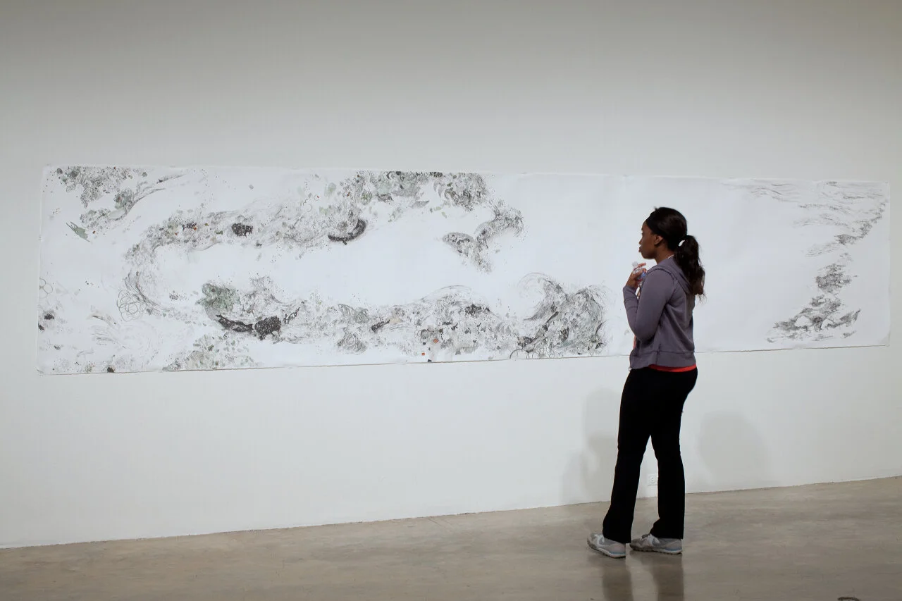 Untitled(1997), graphite & watercolor, 4' by 18', 2012

As I gazed from the deck to the surface of what ought to have been a pristine ocean, I was confronted with the sight of plastic, as far as the eye could see. It seemed unbelievable, but I never 