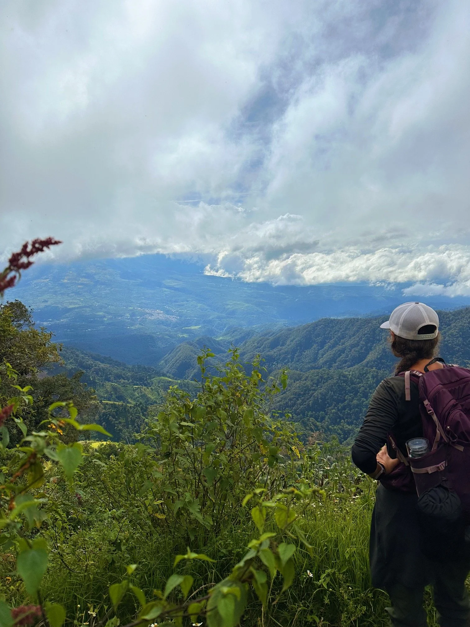 A person with a backpack and cap looking at a scenic mountainous landscape with green hills and cloudy sky.