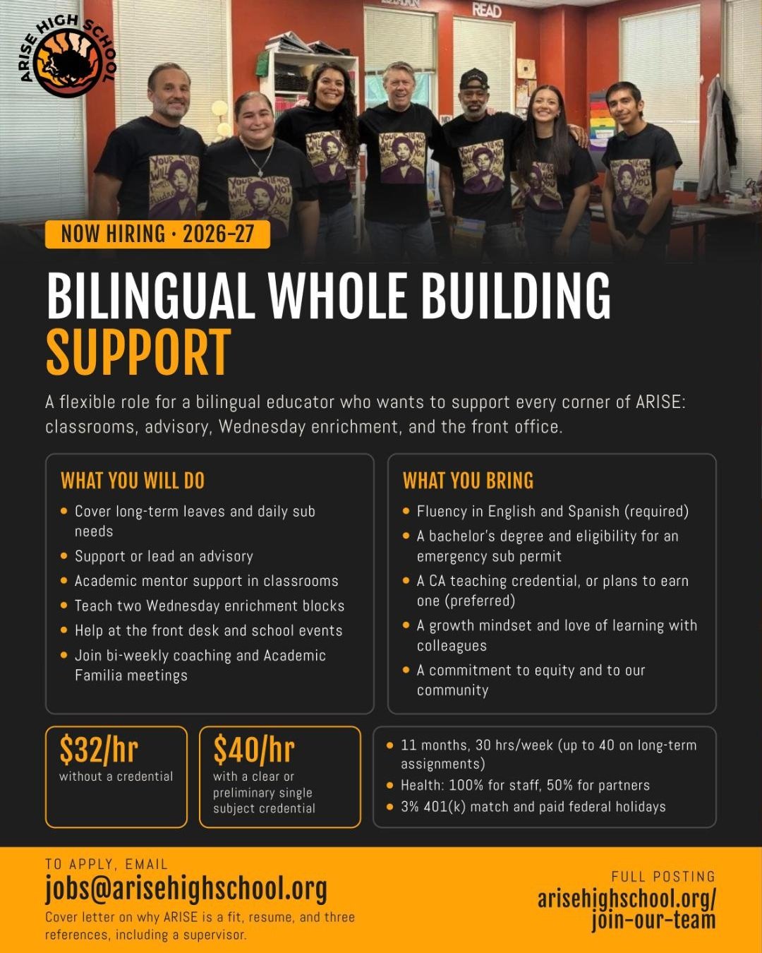 We're hiring! ARISE is looking for a Bilingual Whole Building Support educator for 2026-27.

This role touches every corner of our school: covering classes, supporting advisory, mentoring in classrooms, teaching Wednesday enrichment, and being a trus