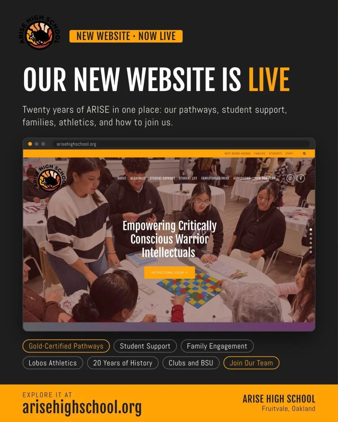 Our new website is live. Twenty years of ARISE, all in one place.

Explore our Gold-Certified Public Health and Silver-Certified Education pathways, meet our Student Support and Academic Mentor teams, follow the Lobos, read how ARISE began, and see w