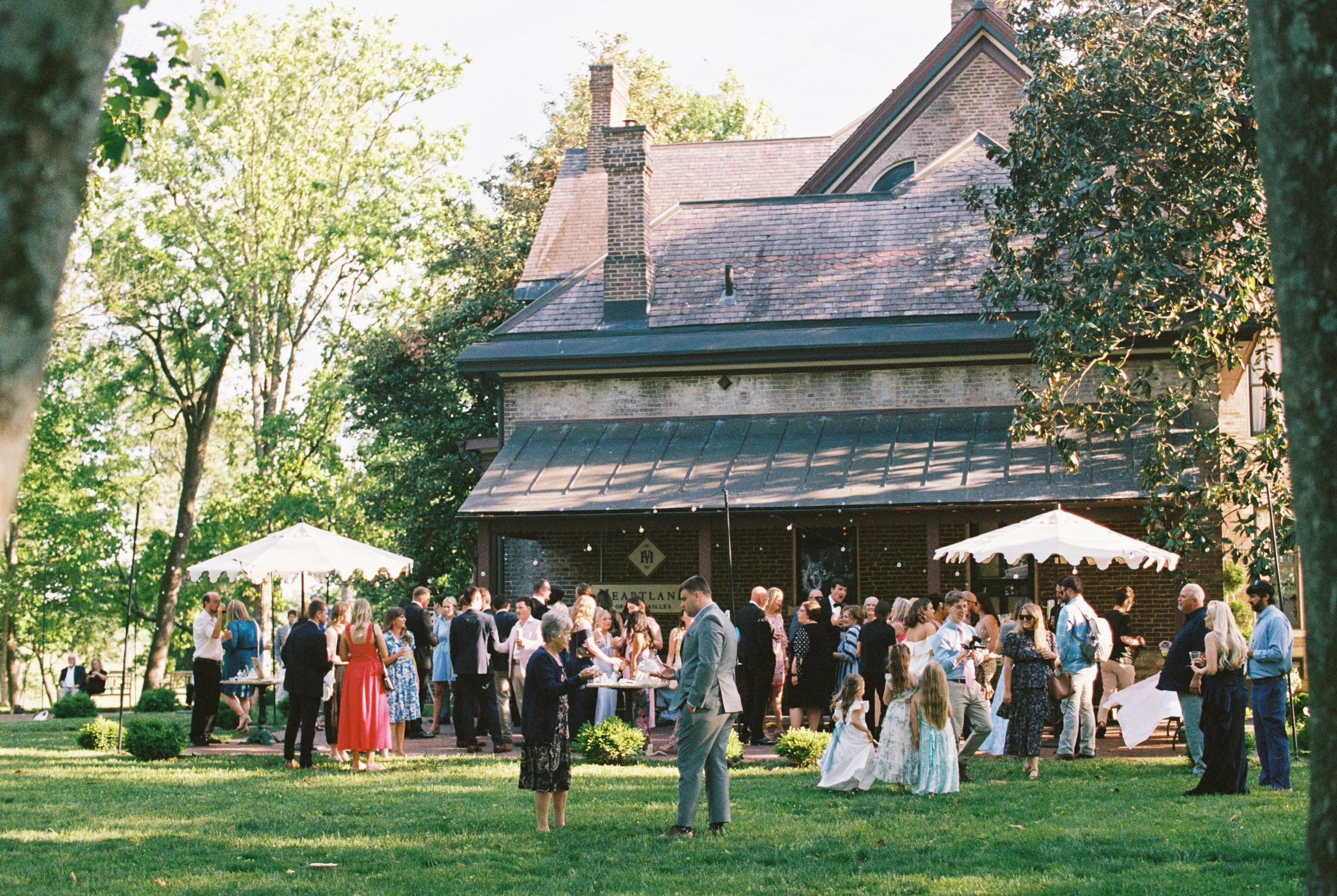 Distance shot of wedding guests enjoying an outside wedding