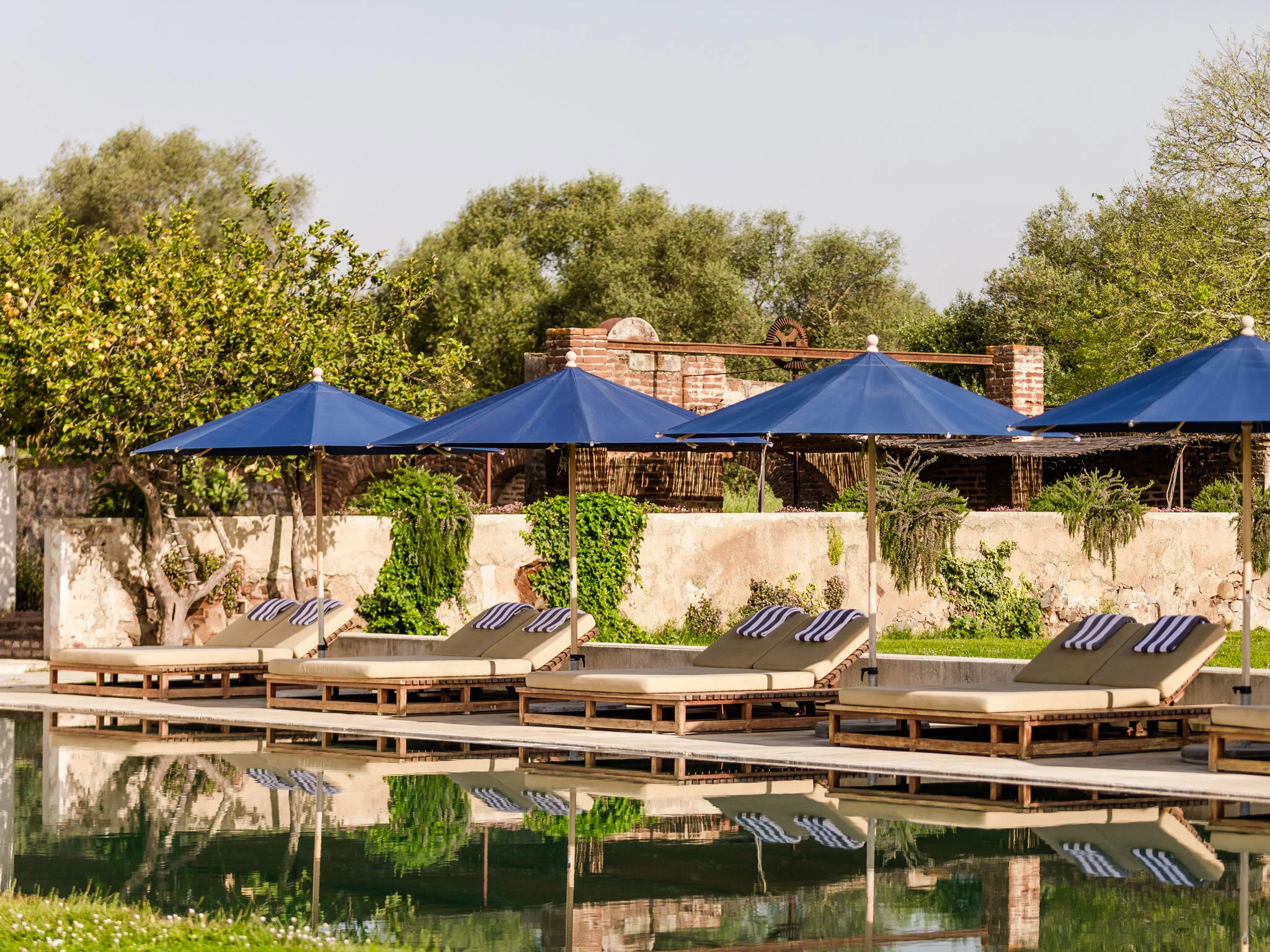 Poolside lounge chairs with striped towels under blue umbrellas near a reflecting pool and green trees.