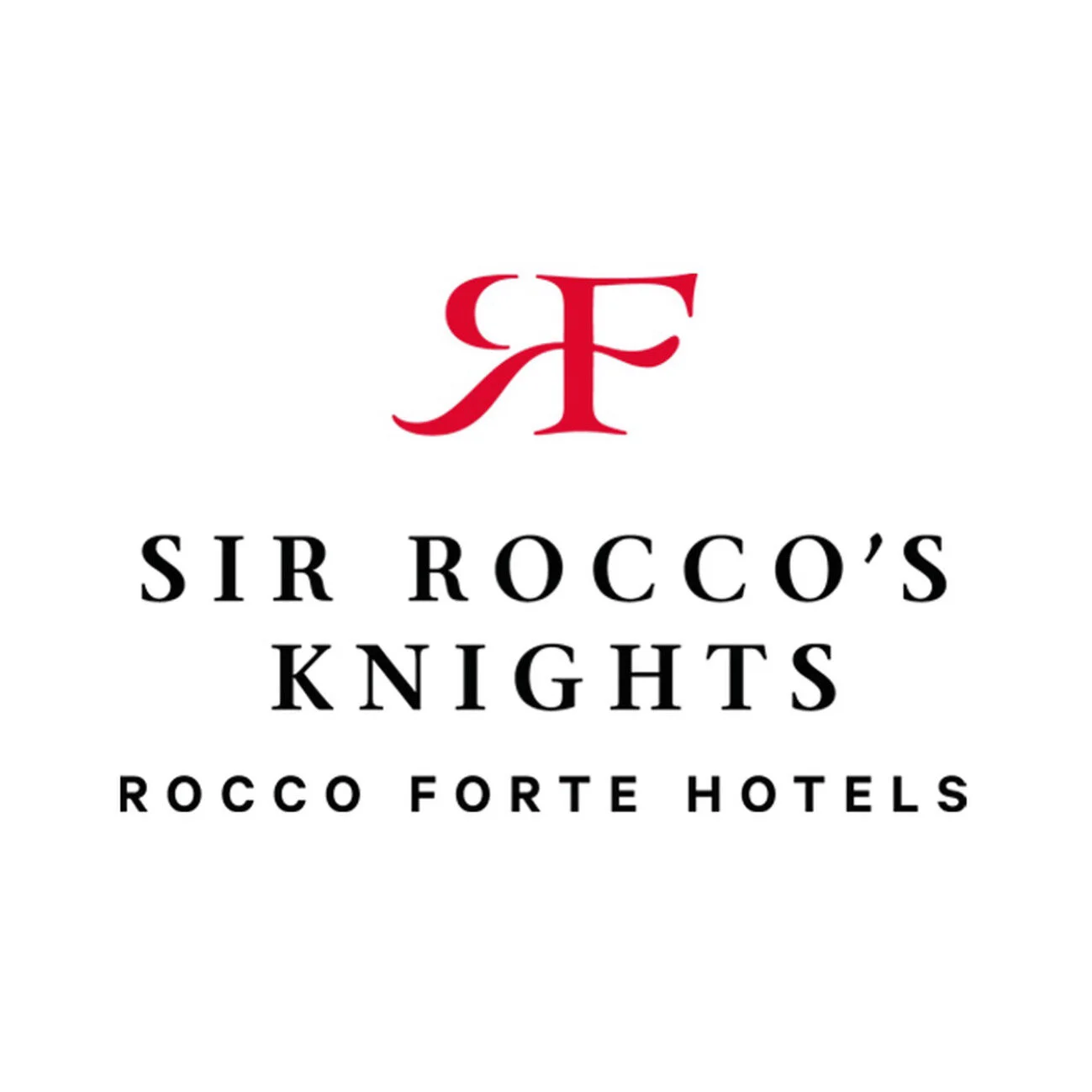 Logo for Sir Rocco's Knights, Rocco Forte Hotels, featuring a red stylized emblem above the hotel's name in black text.