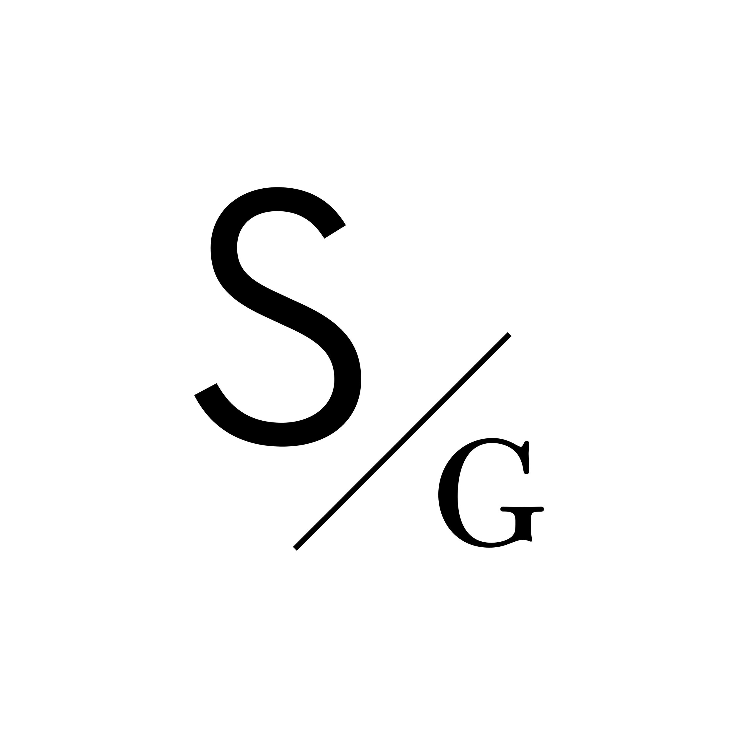 Graphic of a black larger 'S' and a smaller 'G' separated by a diagonal slash on a white background.