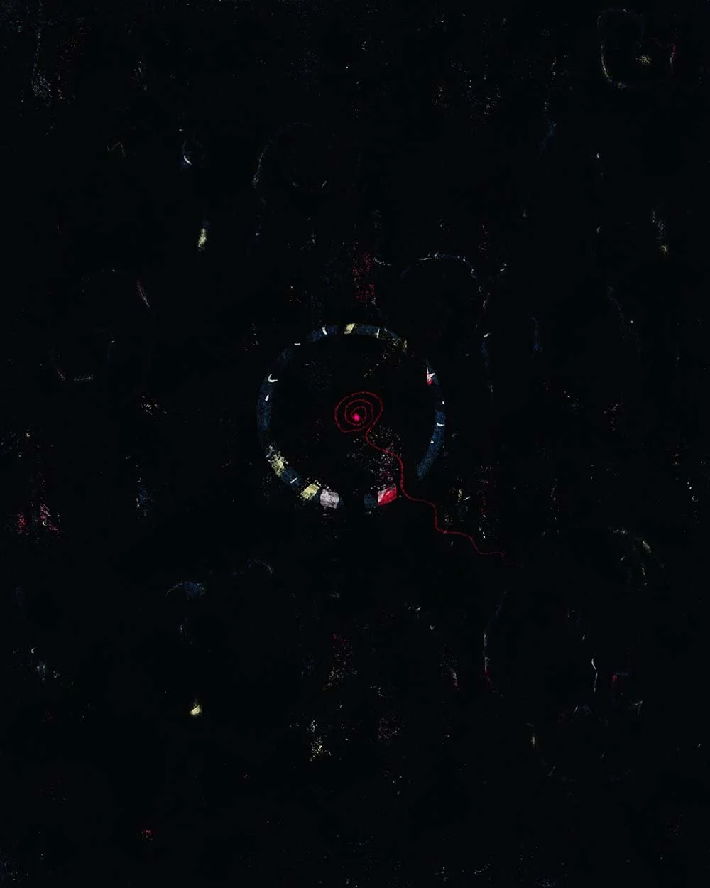 black background with barely visible random rainbow streaks and a circle like stars in the center