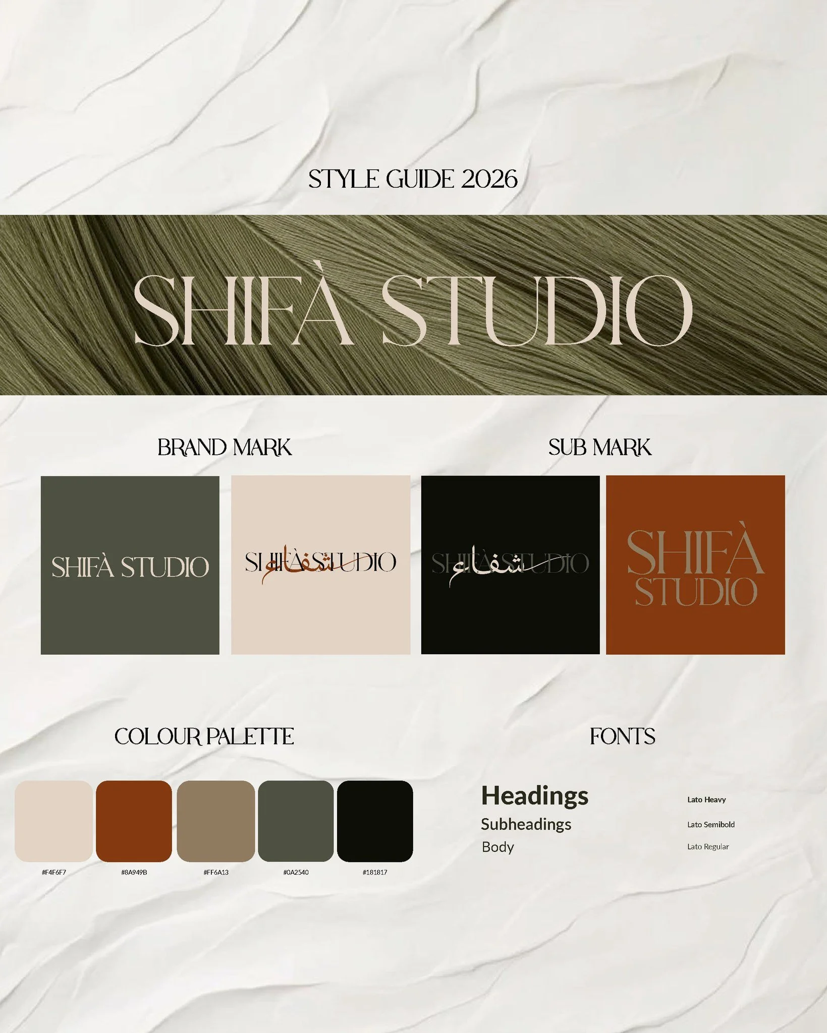 The blueprint behind the brand.

This style guide for Shifa Studio was created to ensure every touchpoint feels aligned, elevated, and unmistakably on brand.

Thoughtful typography, rich tones, and a visual identity designed to feel timeless.

This i