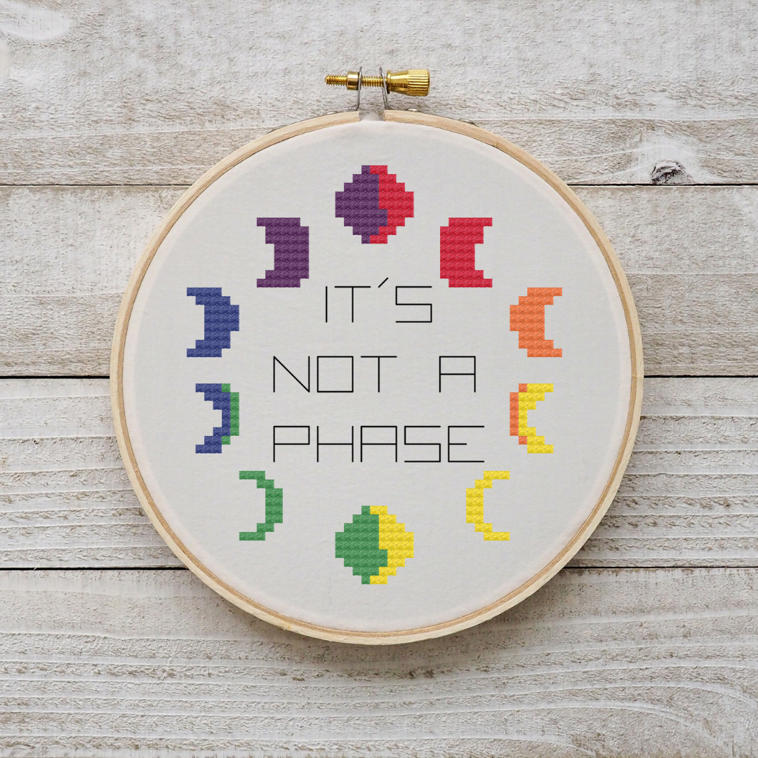 It's Not a Phase LGBTQ Rainbow Moon Phase Cross Stitch Pattern
