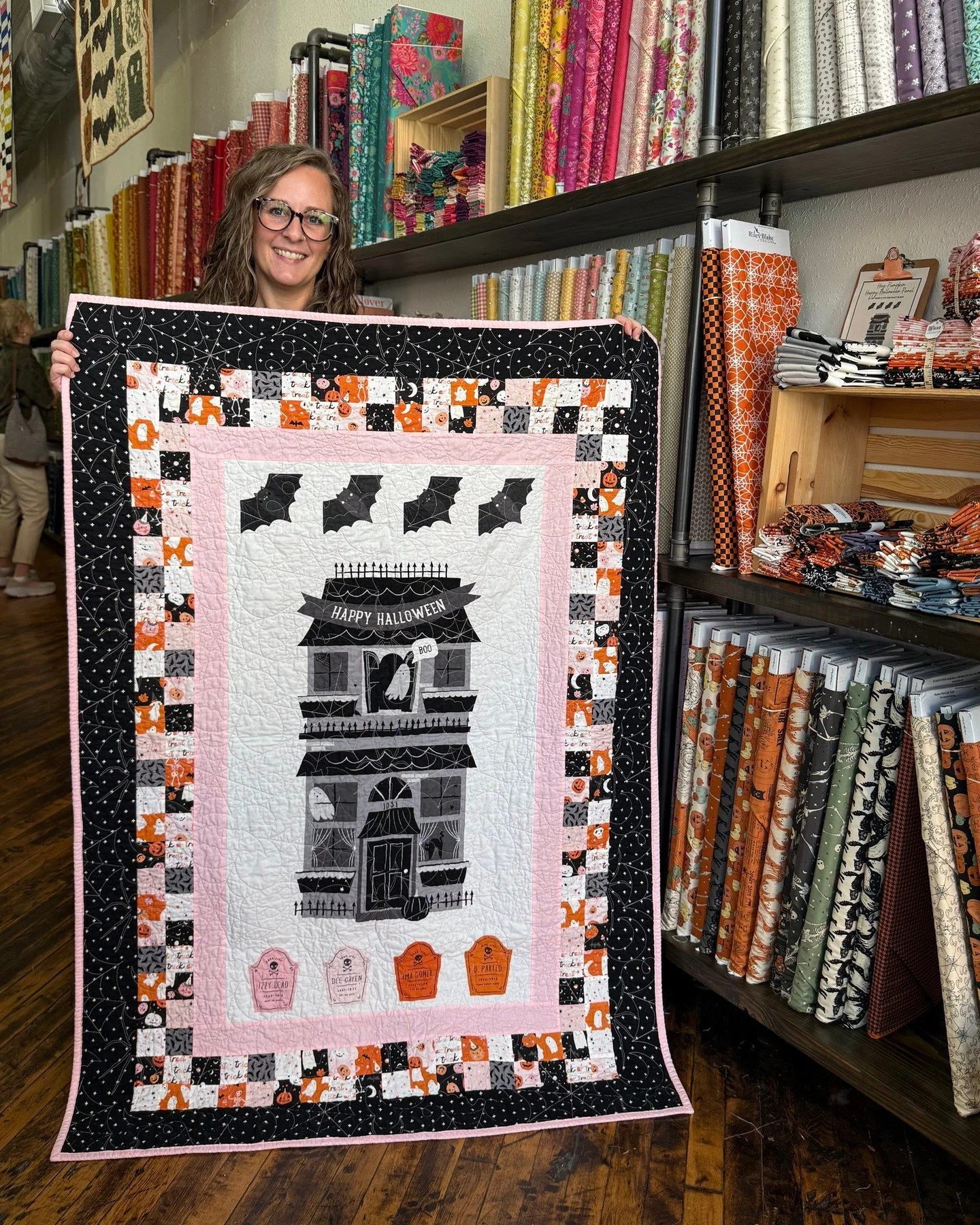 We are highlighting Allison's first finished quilt project! She used the Hey Pumpkin Happy Halloween Panel for the focal point...adding sashing -- and even patchwork...for a too-cute-to-spook Halloween quilt. 

If you're up for a quick Halloween quil