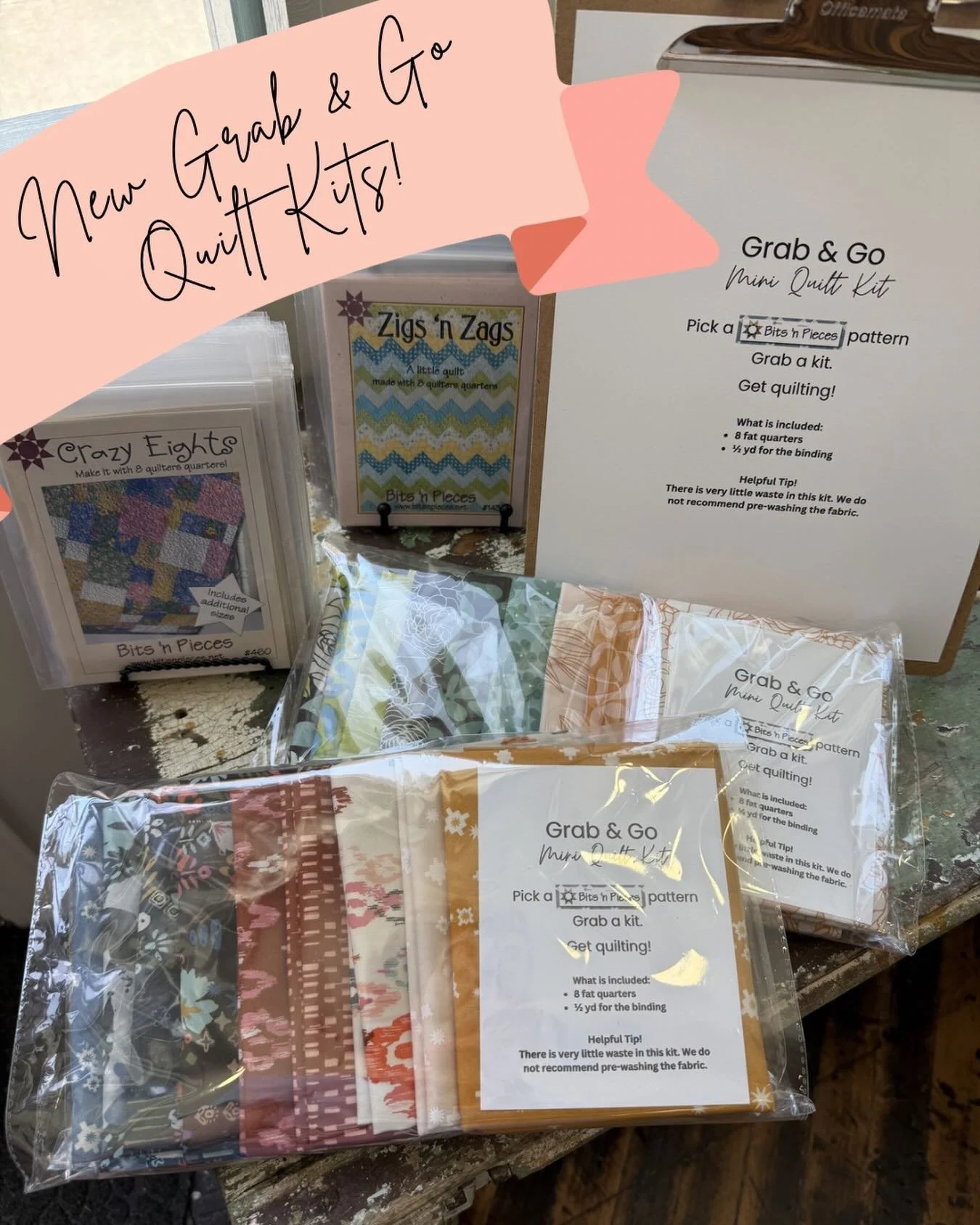 NEW IN THE SHOP: Grab &amp; Go Quilt Kits!! 

Pick from one of our Bits and Pieces Quilt Patterns (Crazy Eights or Zigs and Zags), and then pick a Grab &amp; Go Kit... these make great baby gifts!! Note: In Store only!

#grabandgo #quiltkit #quilters