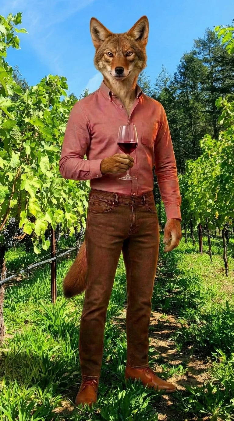 Coyote in vineyard with glass of cabernet sauvignon