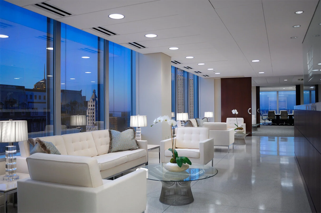 Baker Donelson law firm lobby with Florence Knoll seating and Platner coffee table