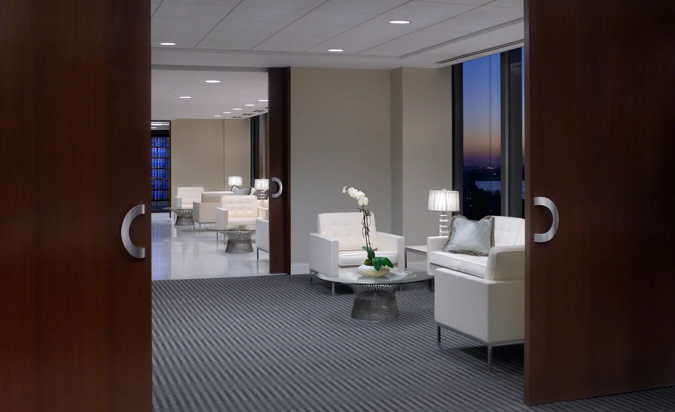 Baker Donelson law firm lobby with a Platner coffee table and Florence Knoll seating 