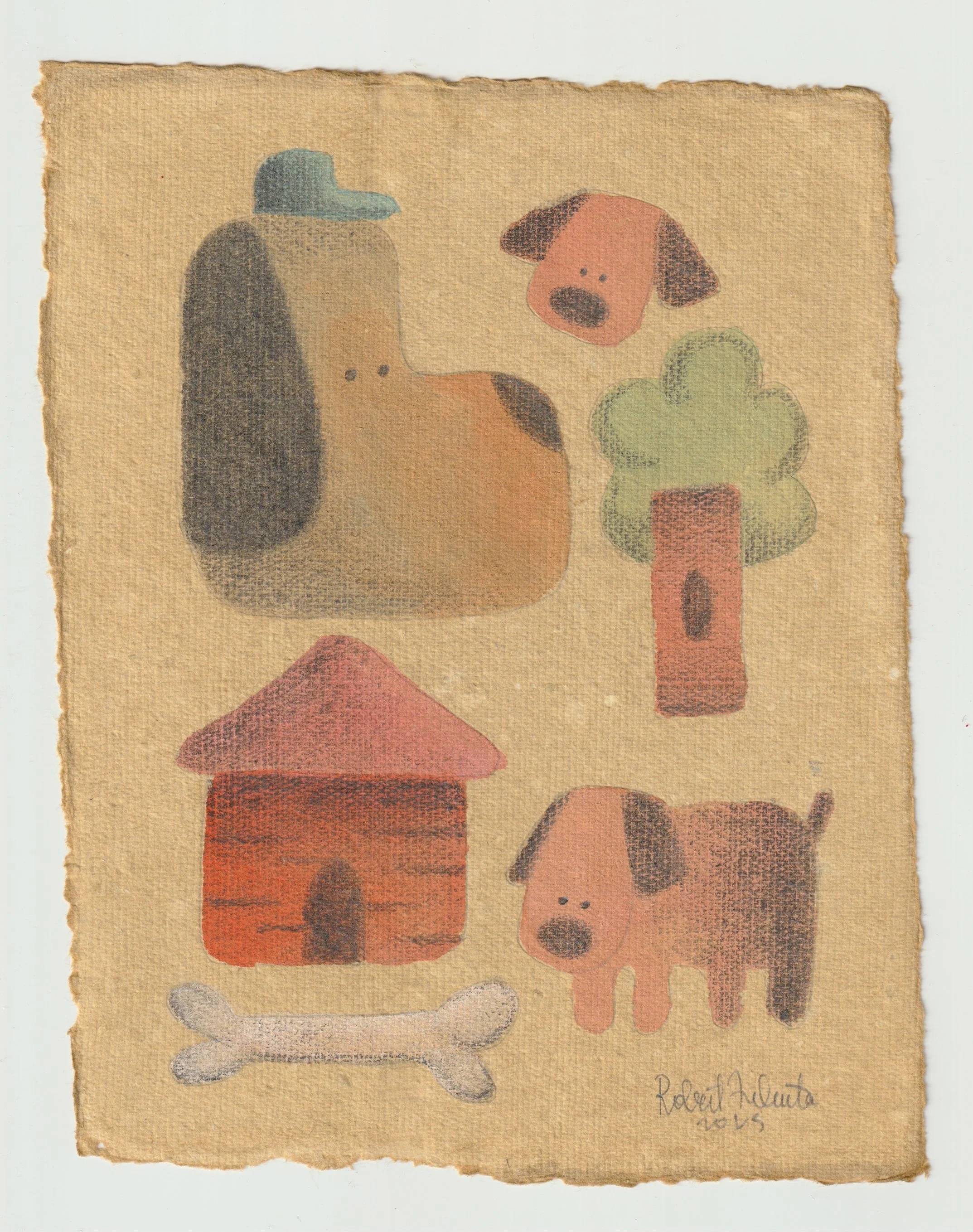 Illustration of a friendly dog, small house, tree, and bone arranged like simple storybook icons on textured paper in warm earthy tones.
