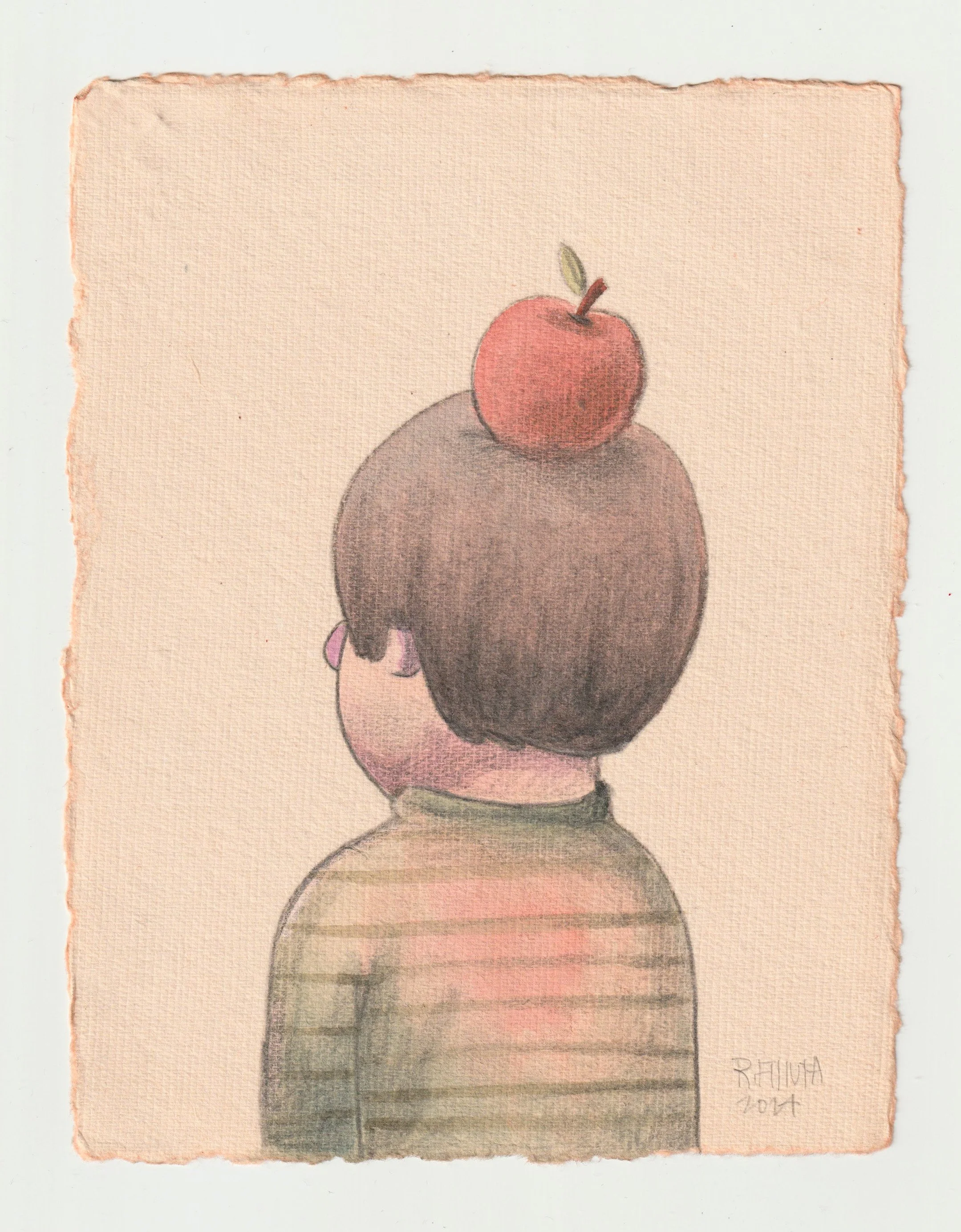 Hand-painted illustration of a boy seen from behind with an apple balanced on his head, rendered in soft muted colors and a whimsical children’s book style.