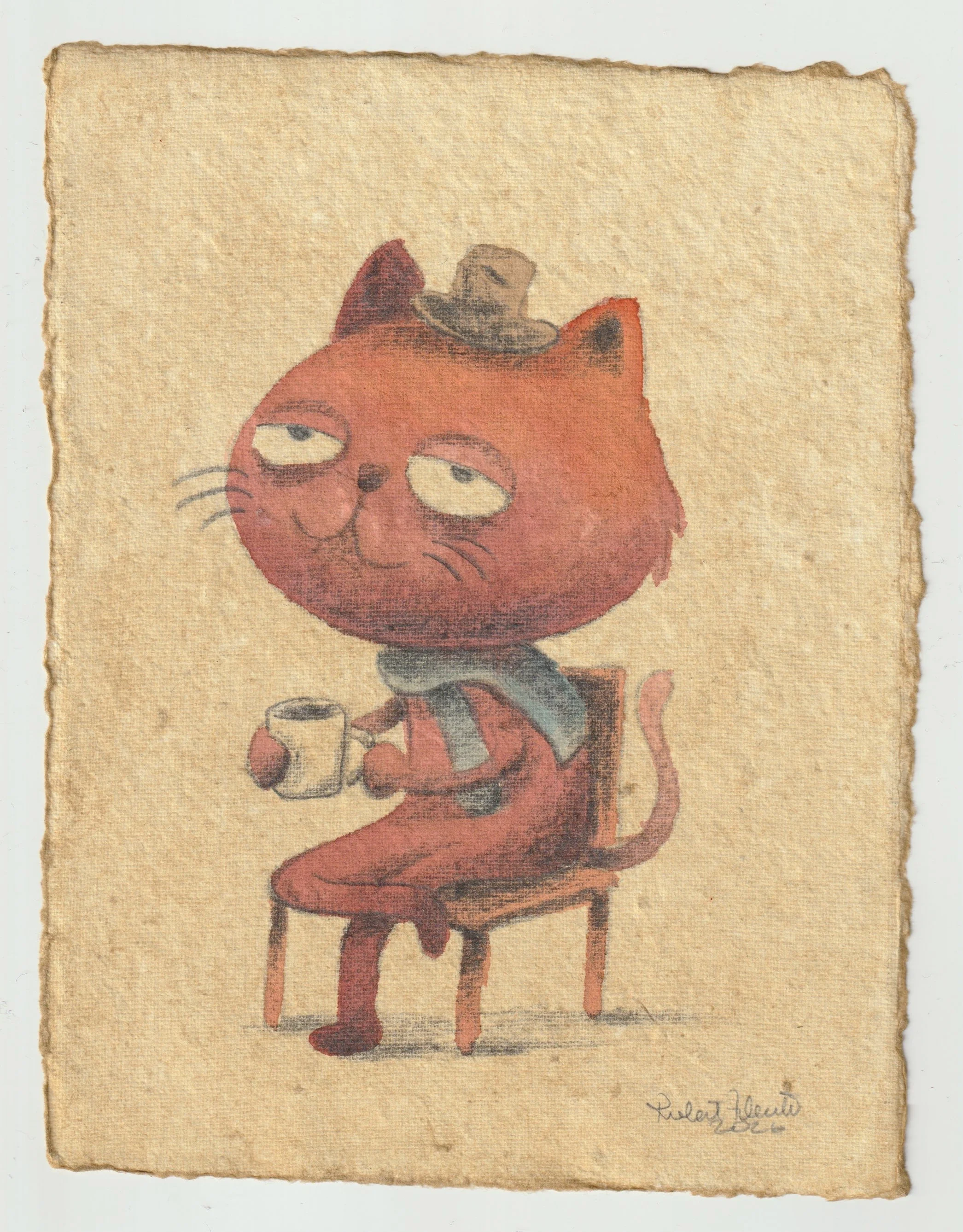 Hand-painted cat sitting with a coffee cup