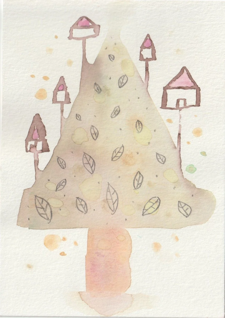 Watercolor illustration of a soft-toned tree with small houses nestled among its branches, painted in a gentle storybook style.