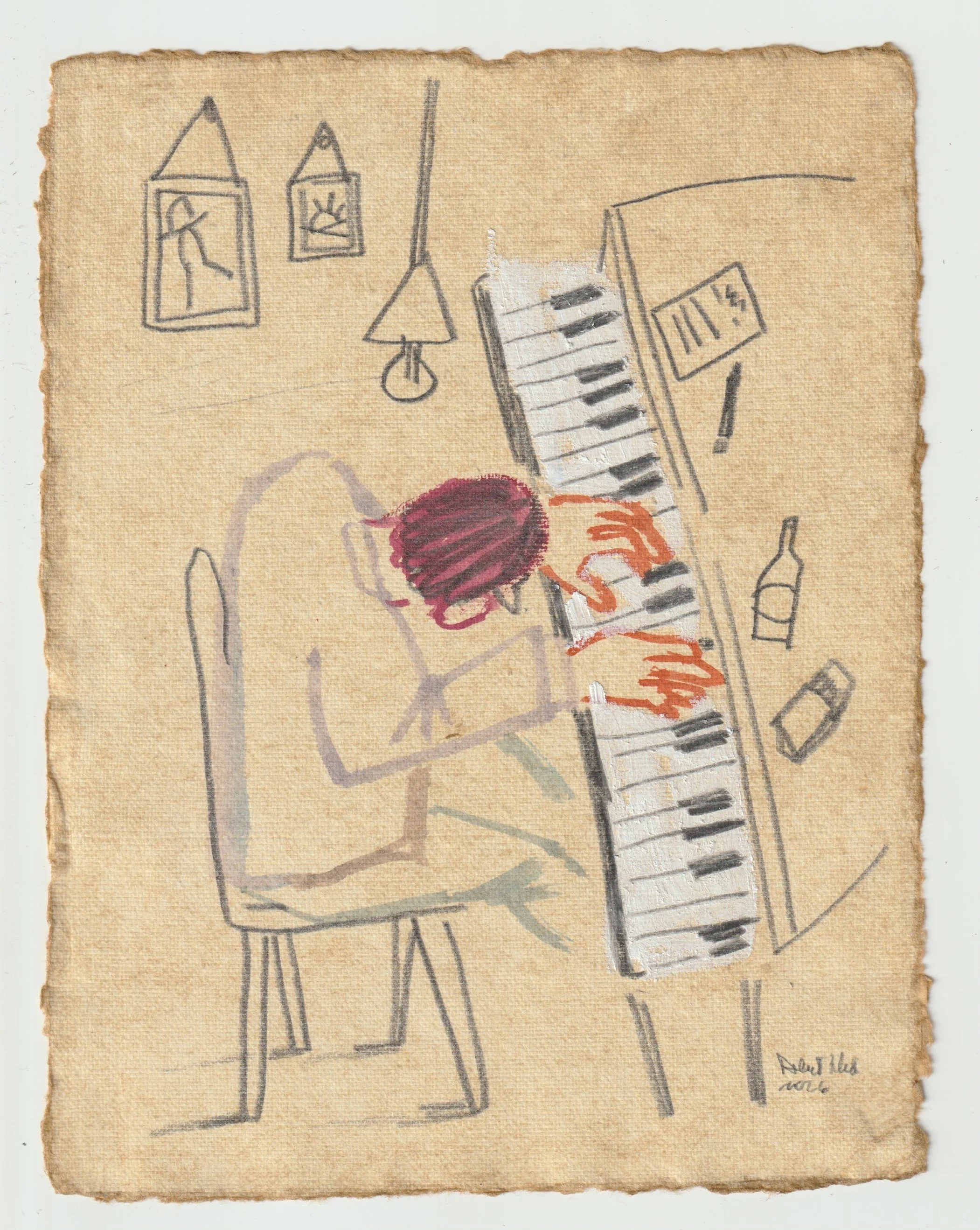 Expressive mixed-media illustration of a seated pianist leaning over a keyboard in a simple interior, drawn on textured tan paper.