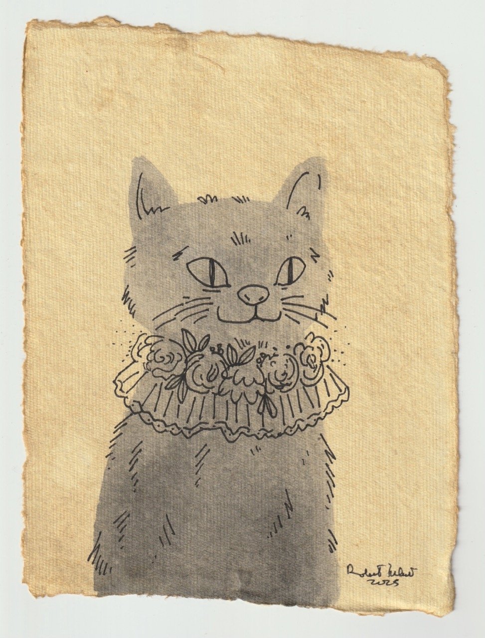 A quietly expressive illustration of a cat wearing a delicate floral ruff, rendered with soft washes and fine ink details on textured paper.