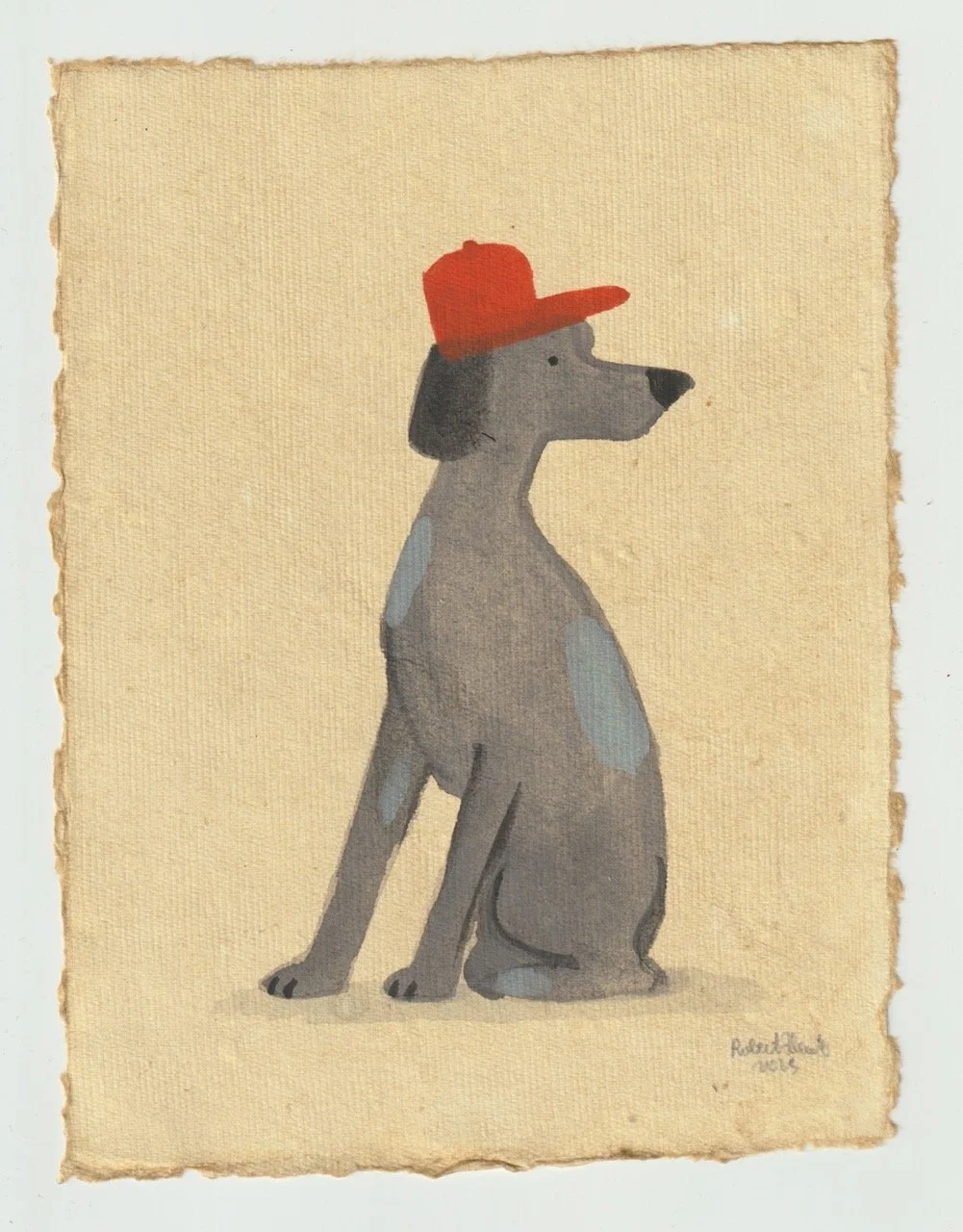 Painting of a gray dog sitting calmly while wearing a red cap, illustrated in a soft, childlike style on textured paper.