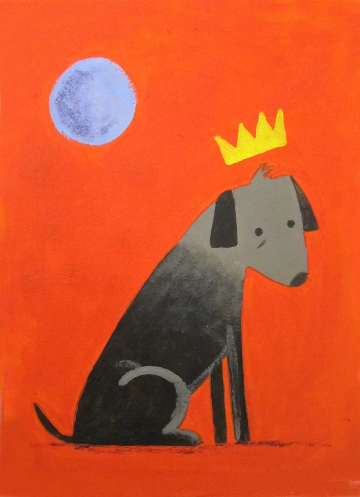 Whimsical painting of a seated dog wearing a yellow crown under a pale moon, set against a bold orange background.