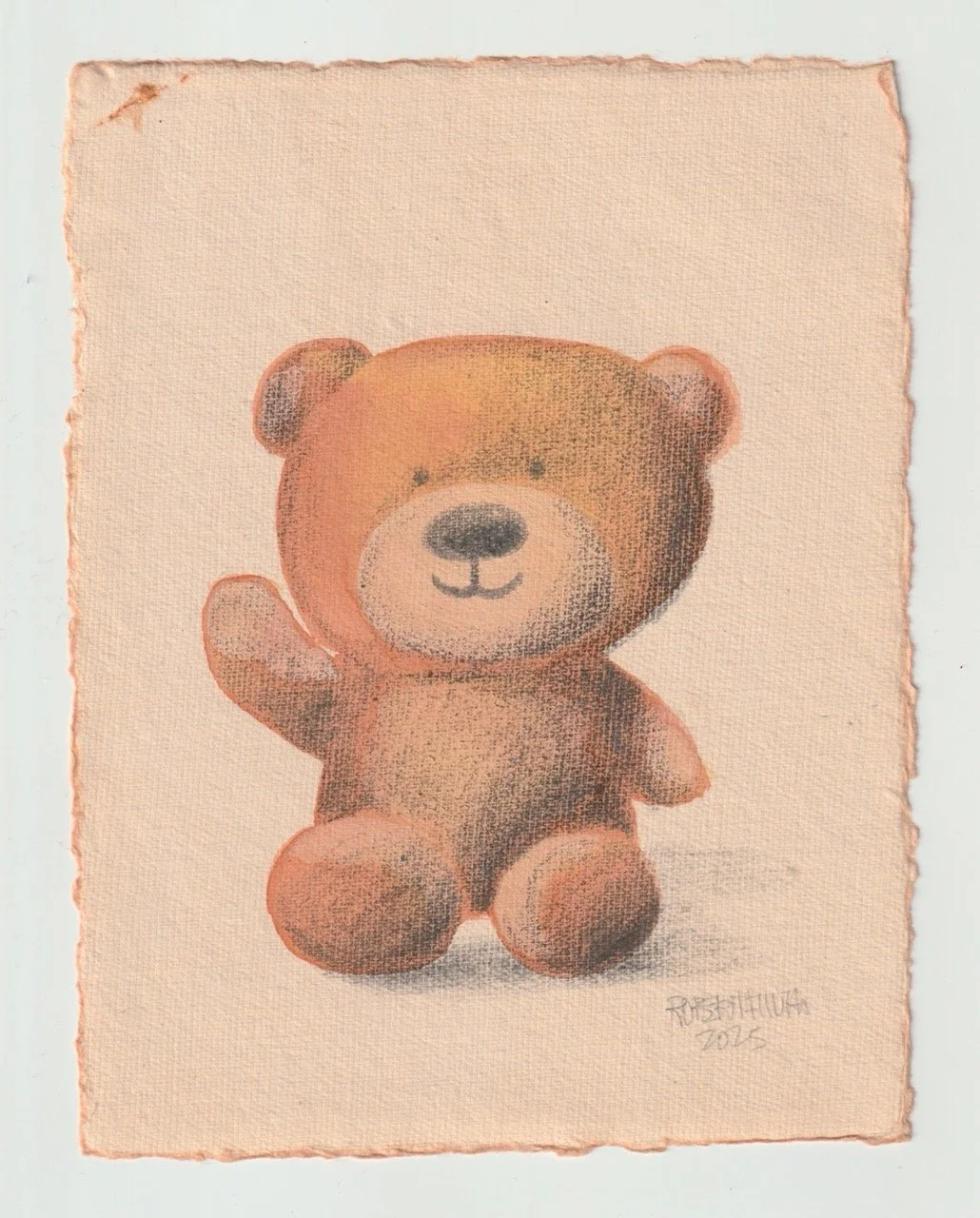 Hand-painted watercolor illustration of a smiling teddy bear waving hello